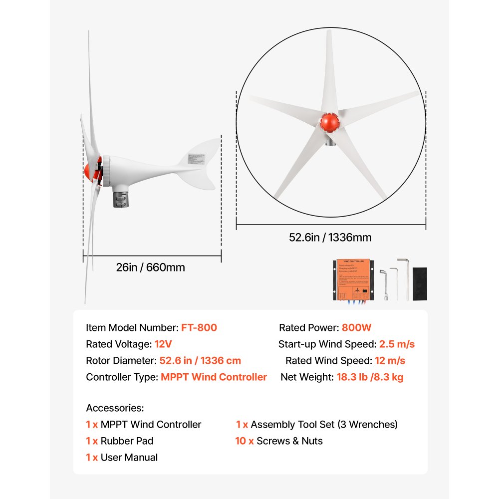 VEVOR Generador Eólico 12 V 800 W Turbina Eólica de 5 Palas con Controlador, MPPT, Aerogenerador con Arranque de 2,5 m/s, Protección IP67, Cuerpo de Aluminio para Casa, Granja, Barco y Autocaravana