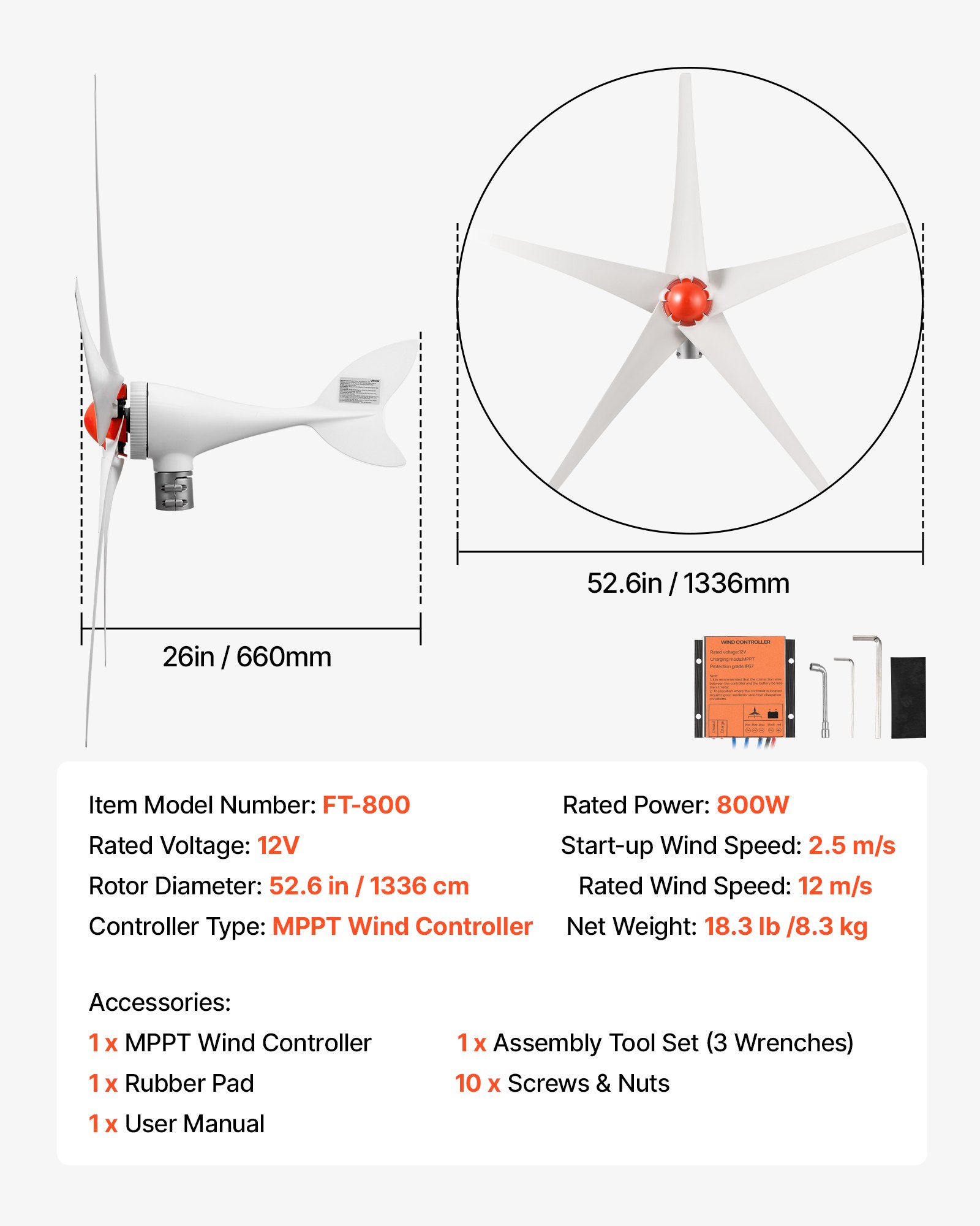 VEVOR Generador Eólico 12 V 800 W Turbina Eólica de 5 Palas con Controlador, MPPT, Aerogenerador con Arranque de 2,5 m/s, Protección IP67, Cuerpo de Aluminio para Casa, Granja, Barco y Autocaravana