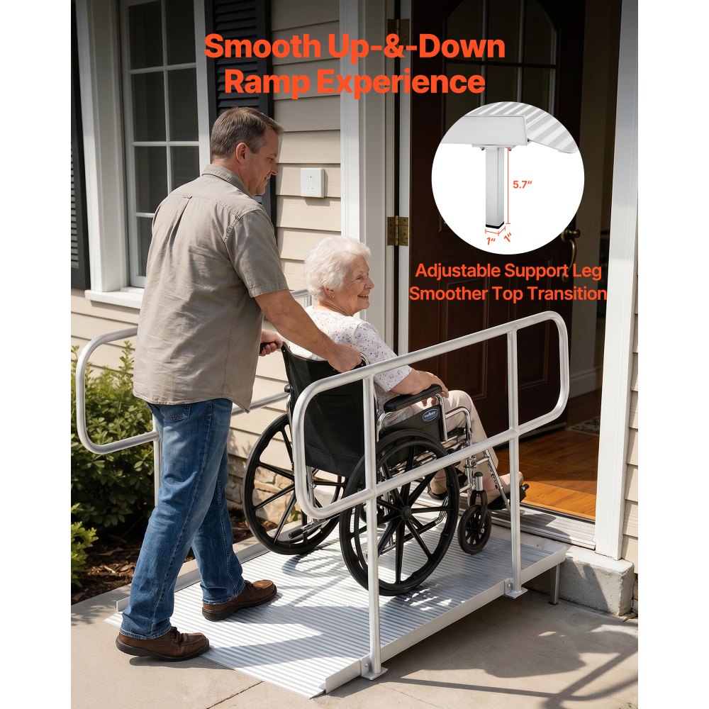 VEVOR Rampa para Silla de Ruedas con Pasamanos 1806 x 830 mm, Rampa de Umbral de Aluminio Antideslizante con Patas Ajustables, Capacidad de 454 kg para Puertas Entradas Andadores Escalones y Scooters