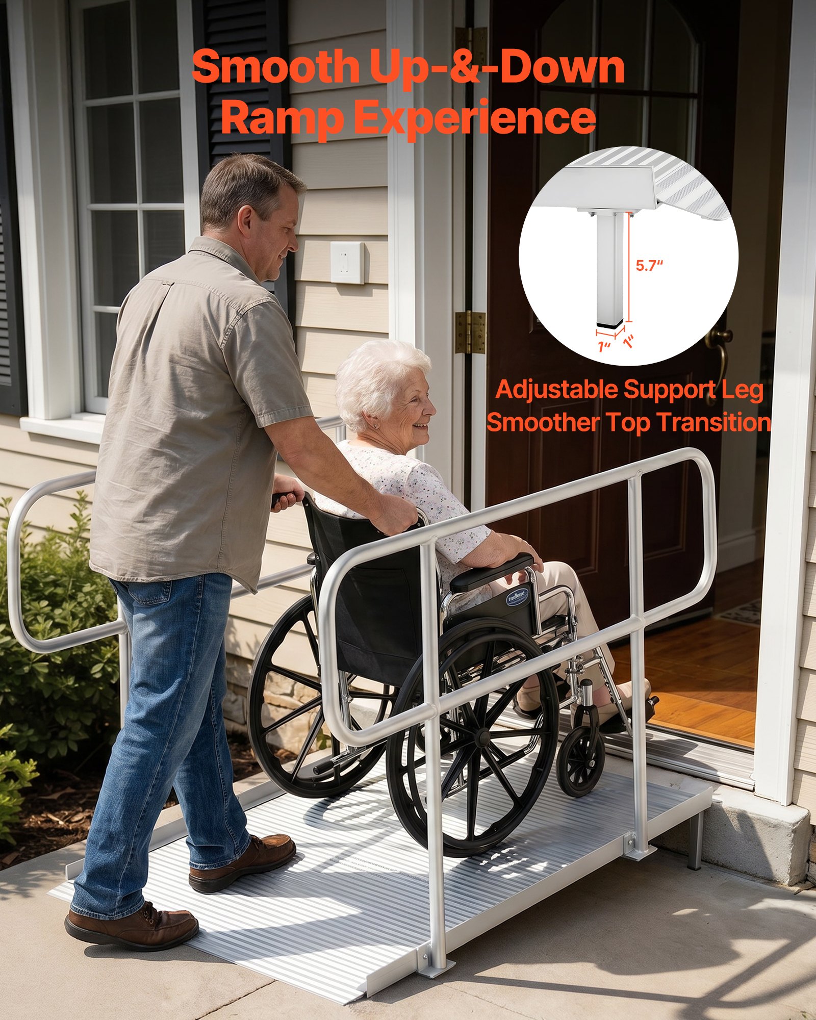 VEVOR Rampa para Silla de Ruedas con Pasamanos 1806 x 830 mm, Rampa de Umbral de Aluminio Antideslizante con Patas Ajustables, Capacidad de 454 kg para Puertas Entradas Andadores Escalones y Scooters