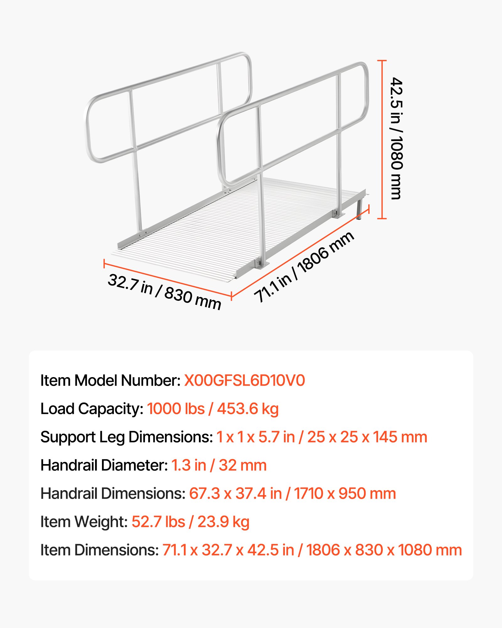 VEVOR Rampa para Silla de Ruedas con Pasamanos 1806 x 830 mm, Rampa de Umbral de Aluminio Antideslizante con Patas Ajustables, Capacidad de 454 kg para Puertas Entradas Andadores Escalones y Scooters