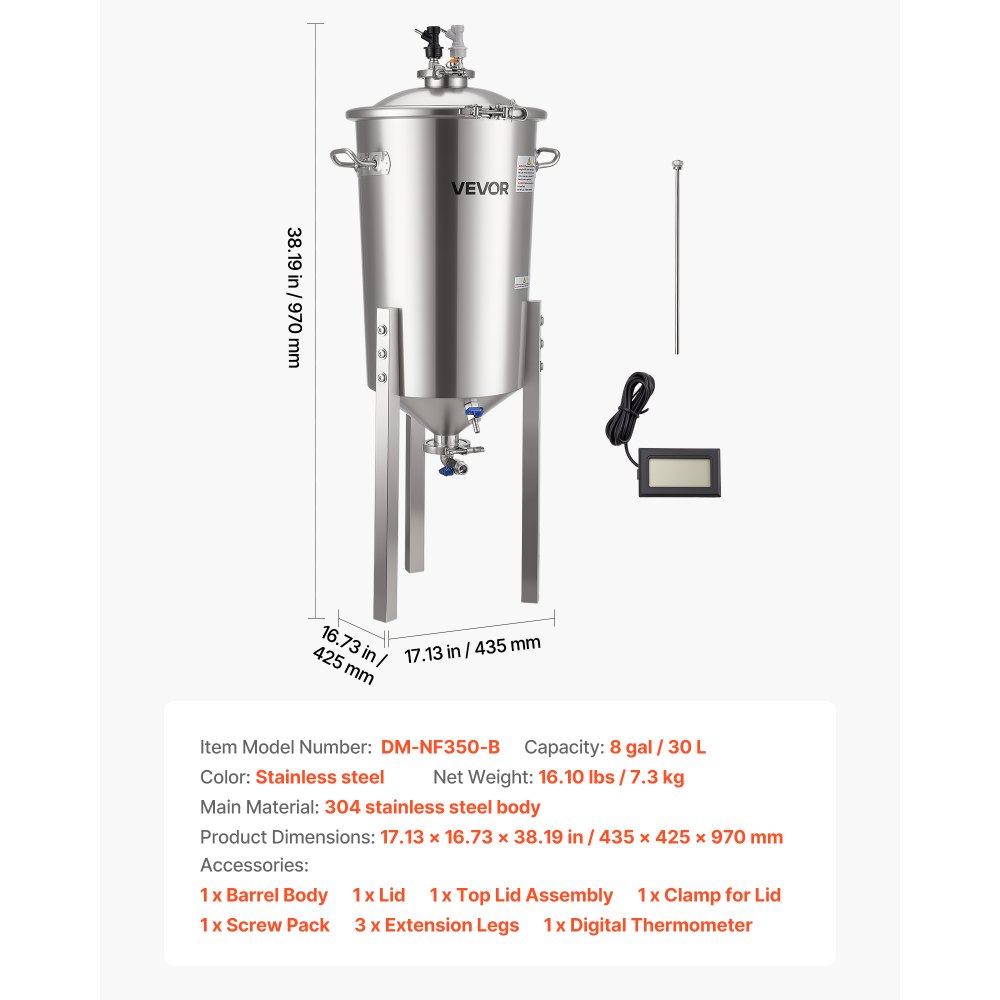VEVOR Stainless Steel Conical Fermenter, 8 Gal/30L Home Brewing Fermenation Tank, Brew Bucket Fermentor with Conical Bottom, 3 Adjustable Legs, Lid, Handle & Thermometer, for Wine, Beer Fermentation