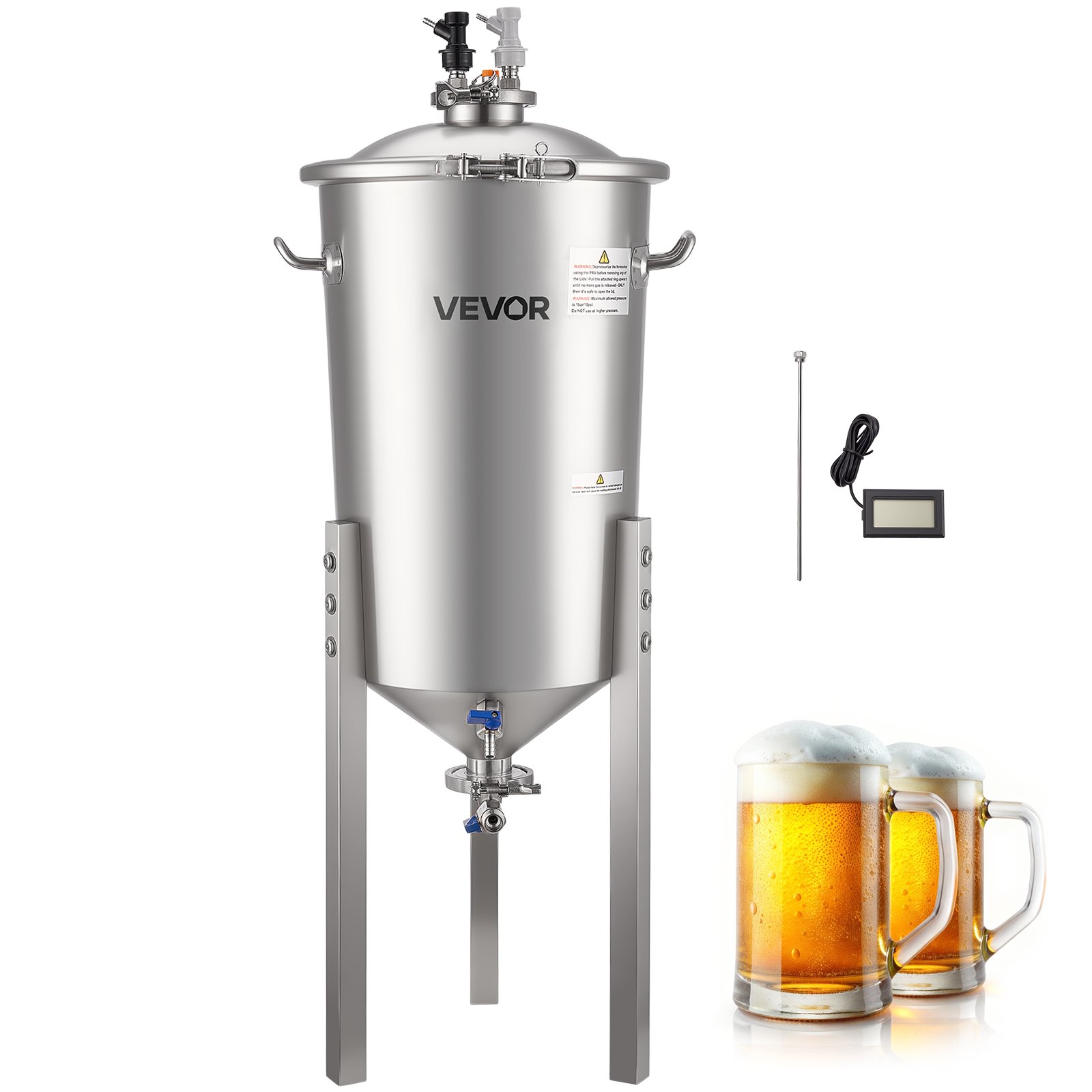 VEVOR Stainless Steel Conical Fermenter, 8 Gal/30L Home Brewing Fermenation Tank, Brew Bucket Fermentor with Conical Bottom, 3 Adjustable Legs, Lid, Handle & Thermometer, for Wine, Beer Fermentation