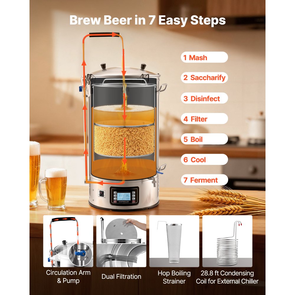VEVOR Sistema Eléctrico de Elaboración de Cerveza, Olla de Cocción de 60 Litros, Cuba de Maceración con Memoria de Recetas, Modo Automático/Manual, Panel de Control y Tubo de Circulación, Plata