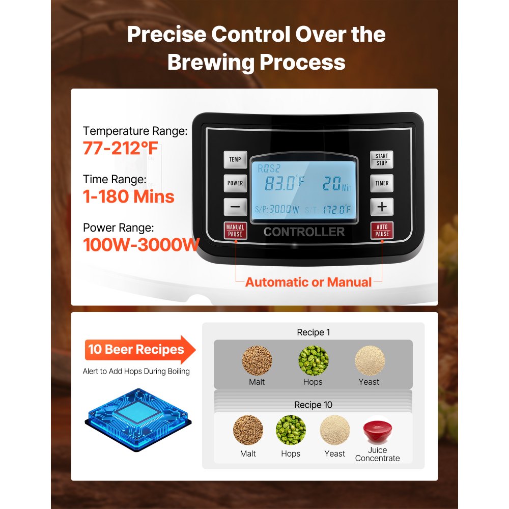VEVOR Sistema Eléctrico de Elaboración de Cerveza, Olla de Cocción de 60 Litros, Cuba de Maceración con Memoria de Recetas, Modo Automático/Manual, Panel de Control y Tubo de Circulación, Plata