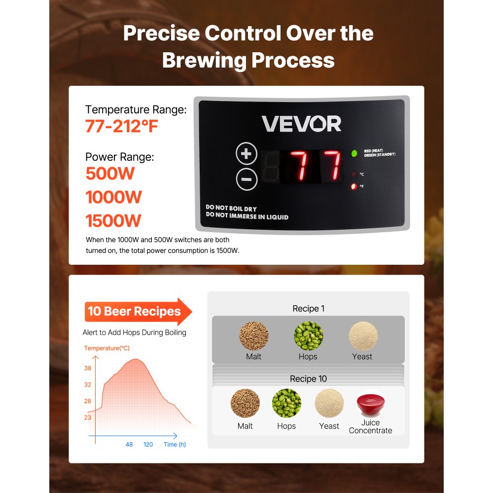 VEVOR Sistema Eléctrico de Elaboración de Cerveza, Olla de Cocción de 30 L, Carcasa de Acero Inoxidable 304, Macerador con Barril Interior Integrado, Asa y Grifo Reforzados, 420 x 325 x 720 mm