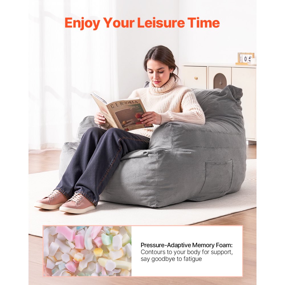 VEVOR Bean Bag Sofa Chair (1118 x 1143 x 780 mm) with Armrests for Adults, Fluffy Plush & High-Density Foam Filling, Bean Bag with Zapper, Lazy Sofa for Bedroom, Gray