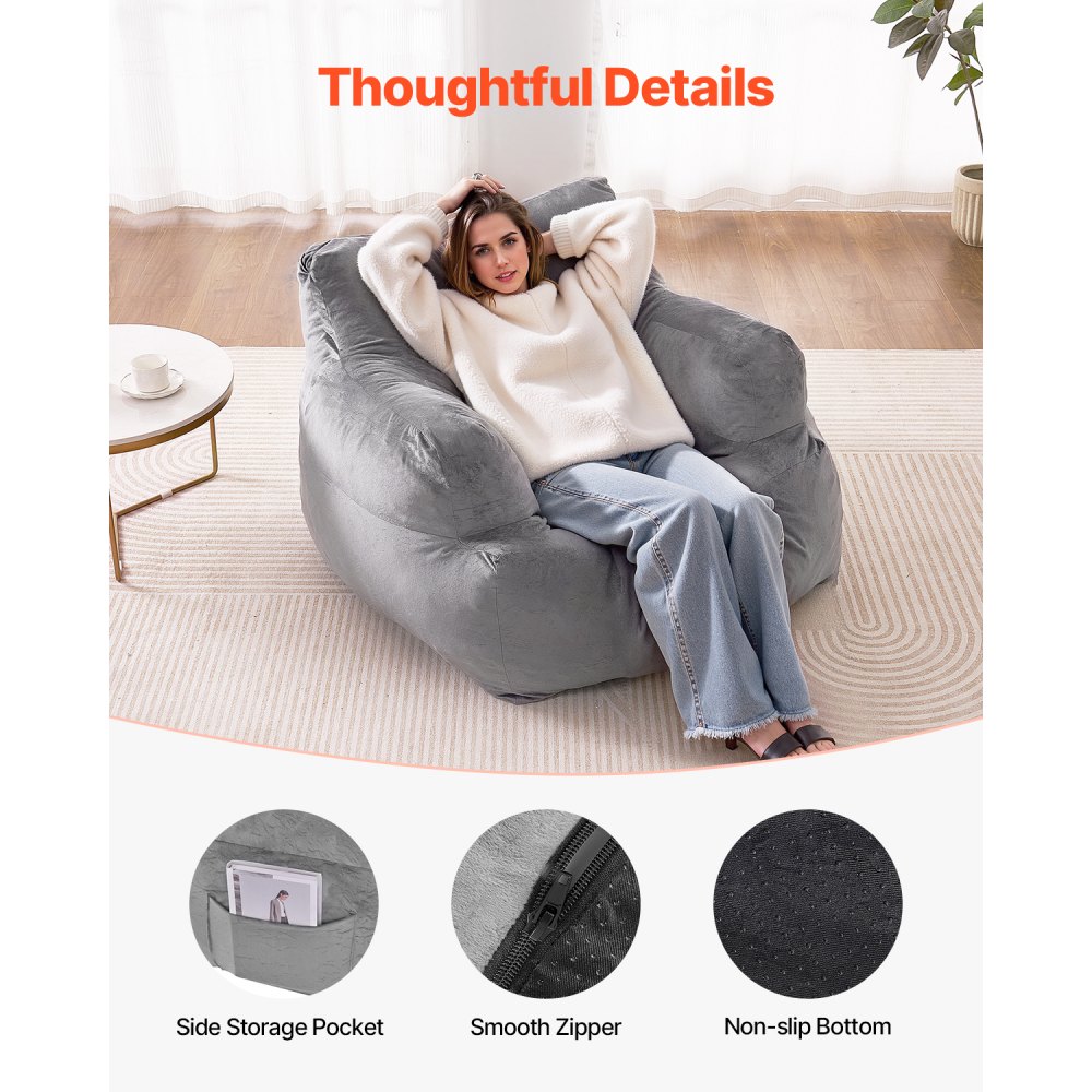 VEVOR Bean Bag Sofa Chair (1118 x 1143 x 780 mm) with Armrests for Adults, Fluffy Plush & High-Density Foam Filling, Bean Bag with Zapper, Lazy Sofa for Bedroom, Gray