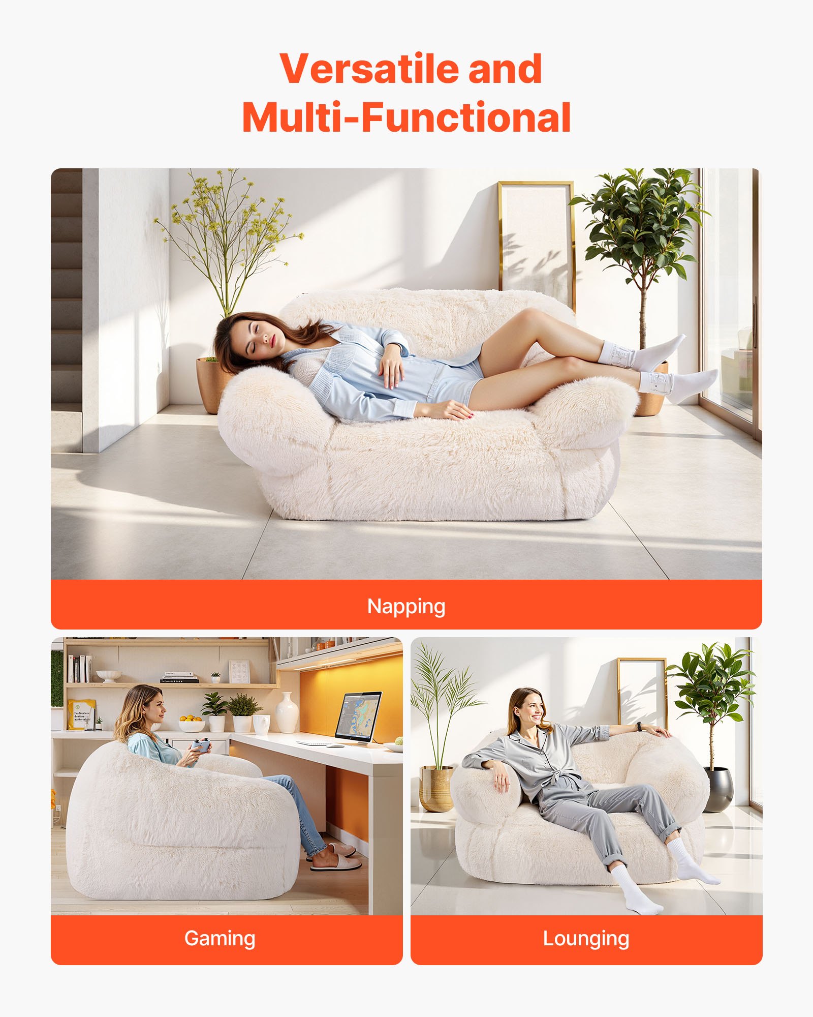 VEVOR Sofá Puf para Adultos con Reposabrazos y Relleno de Espuma de Alta Densidad, Cómodo y Agradable para la Piel, Ideal para Ver la Televisión, Leer o Relajarse, Color Beige, 480 x 430 x 400 mm