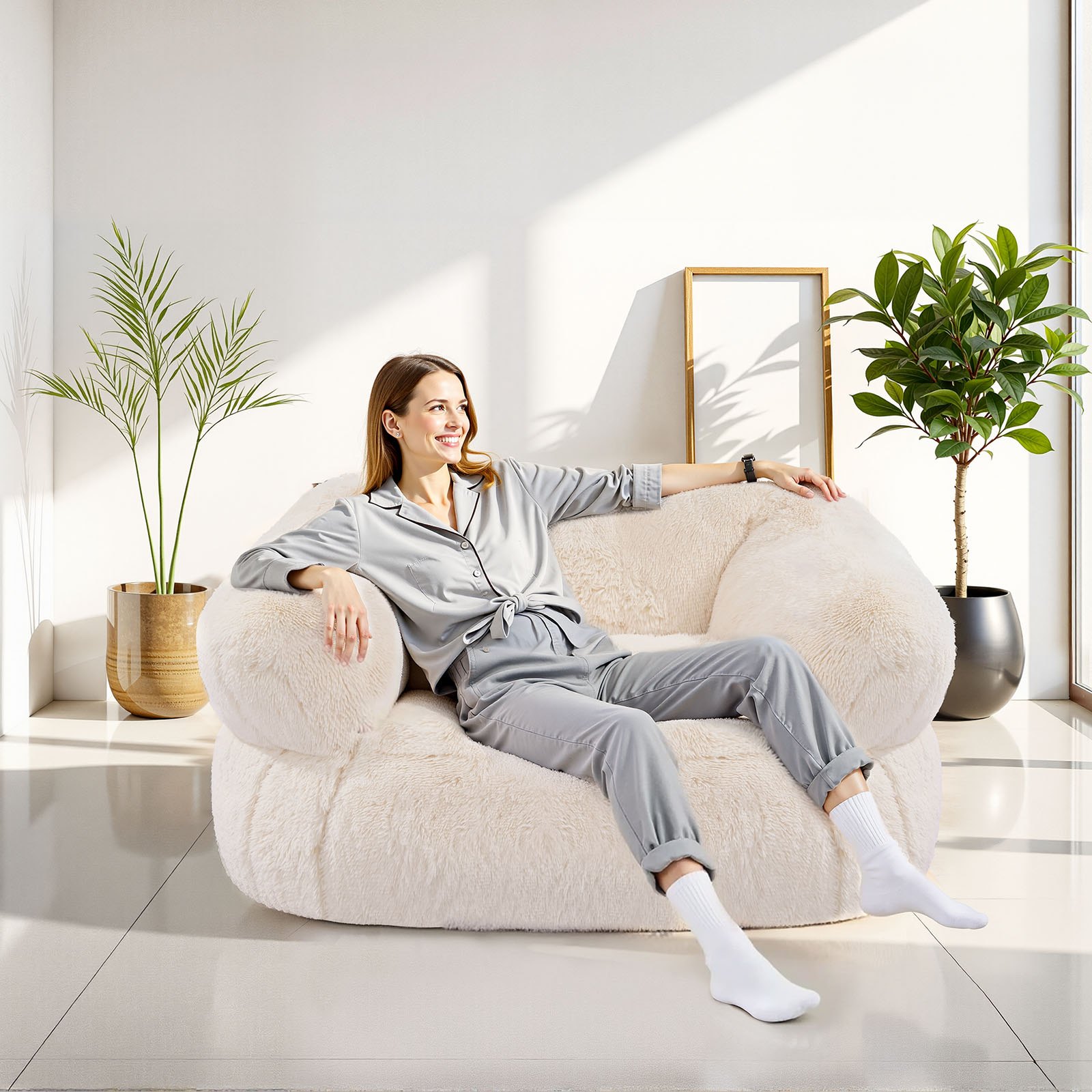 VEVOR Sofá Puf para Adultos con Reposabrazos y Relleno de Espuma de Alta Densidad, Cómodo y Agradable para la Piel, Ideal para Ver la Televisión, Leer o Relajarse, Color Beige, 480 x 430 x 400 mm