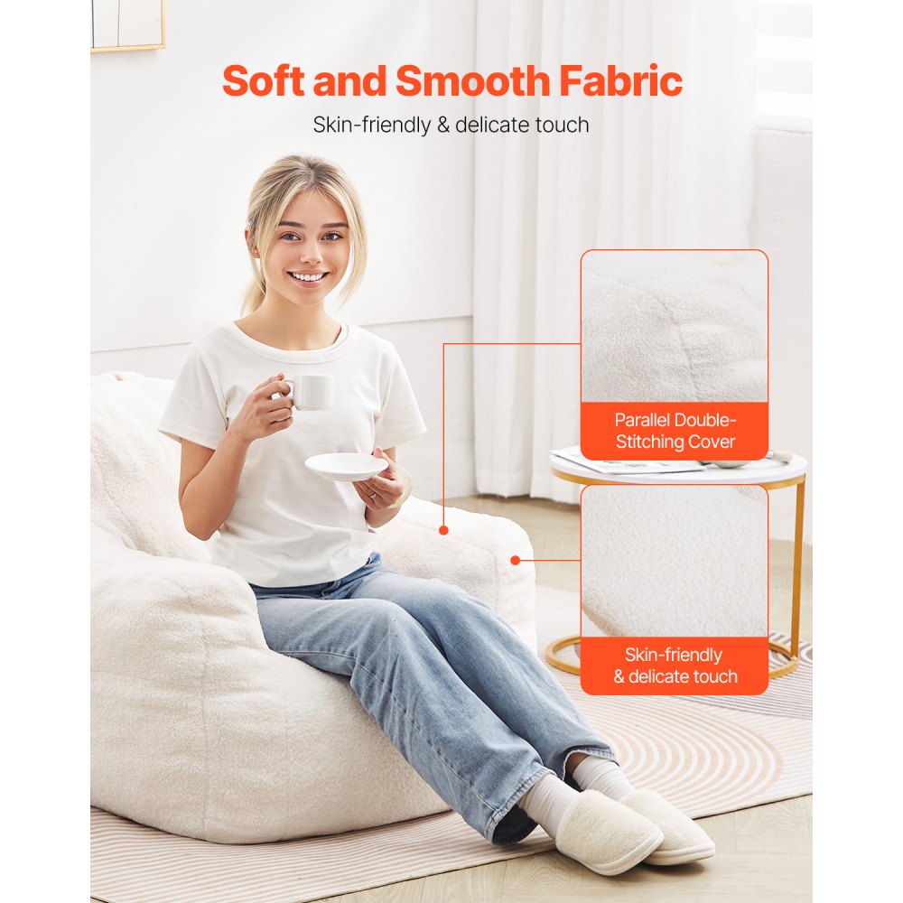 VEVOR Sillón Puf de 920 x 900 x 685 mm con Reposabrazos y Bolsillo de Almacenamiento, Relleno de Espuma Viscoelástica 25D con Funda de Terciopelo Suave, Puf de Carga de 150 kg para Dormitorio, Blanco