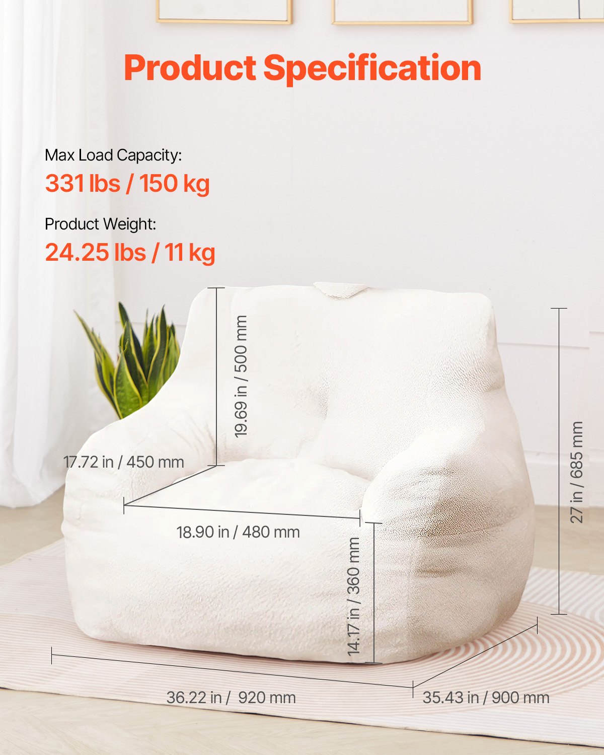 VEVOR Sillón Puf de 920 x 900 x 685 mm con Reposabrazos y Bolsillo de Almacenamiento, Relleno de Espuma Viscoelástica 25D con Funda de Terciopelo Suave, Puf de Carga de 150 kg para Dormitorio, Blanco