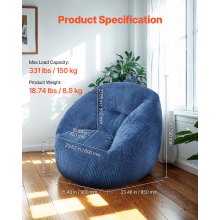 VEVOR Sillón Puf de 900 x 850 x 790 mm con Reposabrazos Carga de 150 kg, Azul