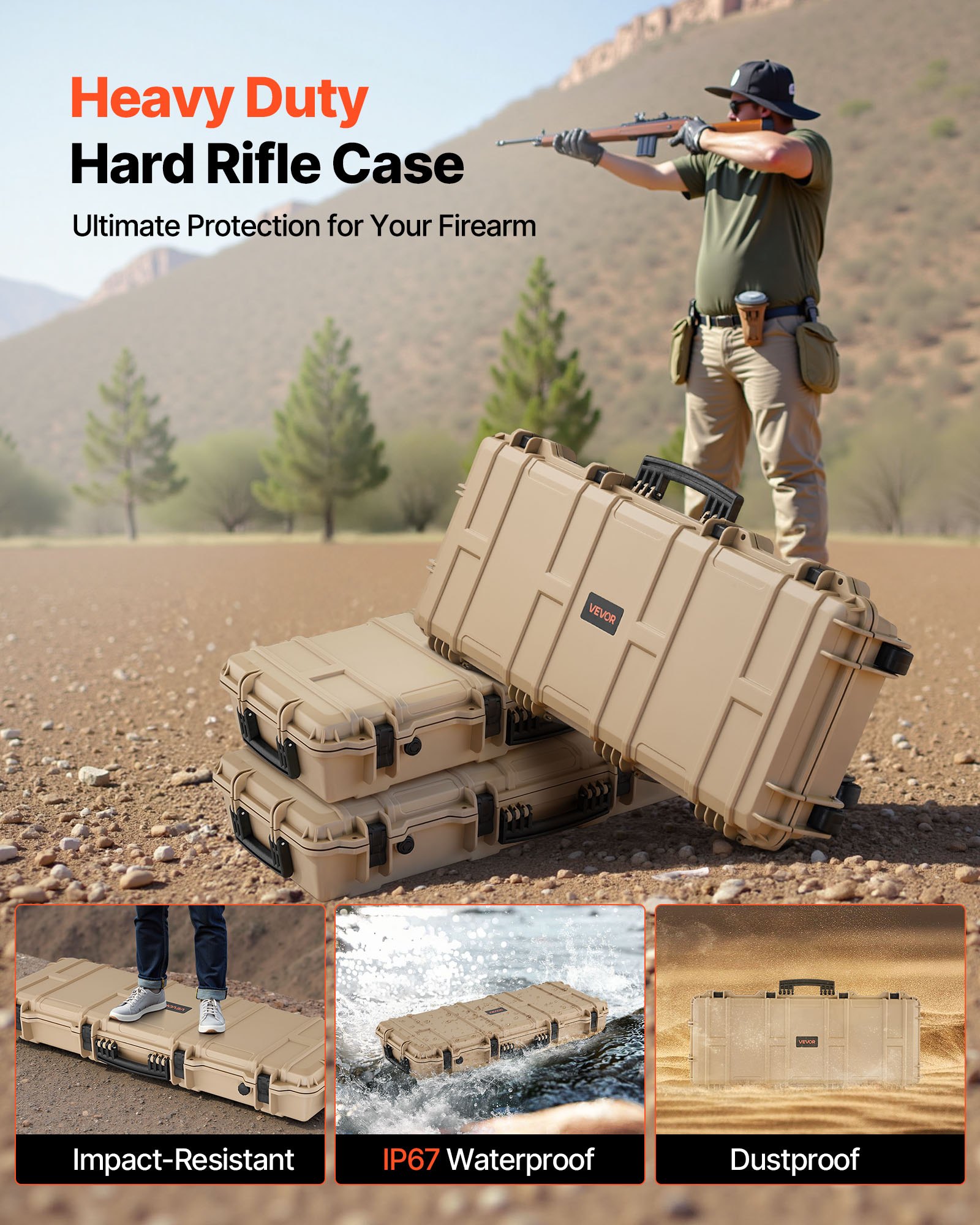 VEVOR Estuche Rígido para Armas Largas, PP, con Cerradura y Espuma Precortada, Enrollable, Resistente al Agua IP67, 97,8 x 42 x 17,3 cm, Color Caqui, para Viajar en Medios de Transporte Público