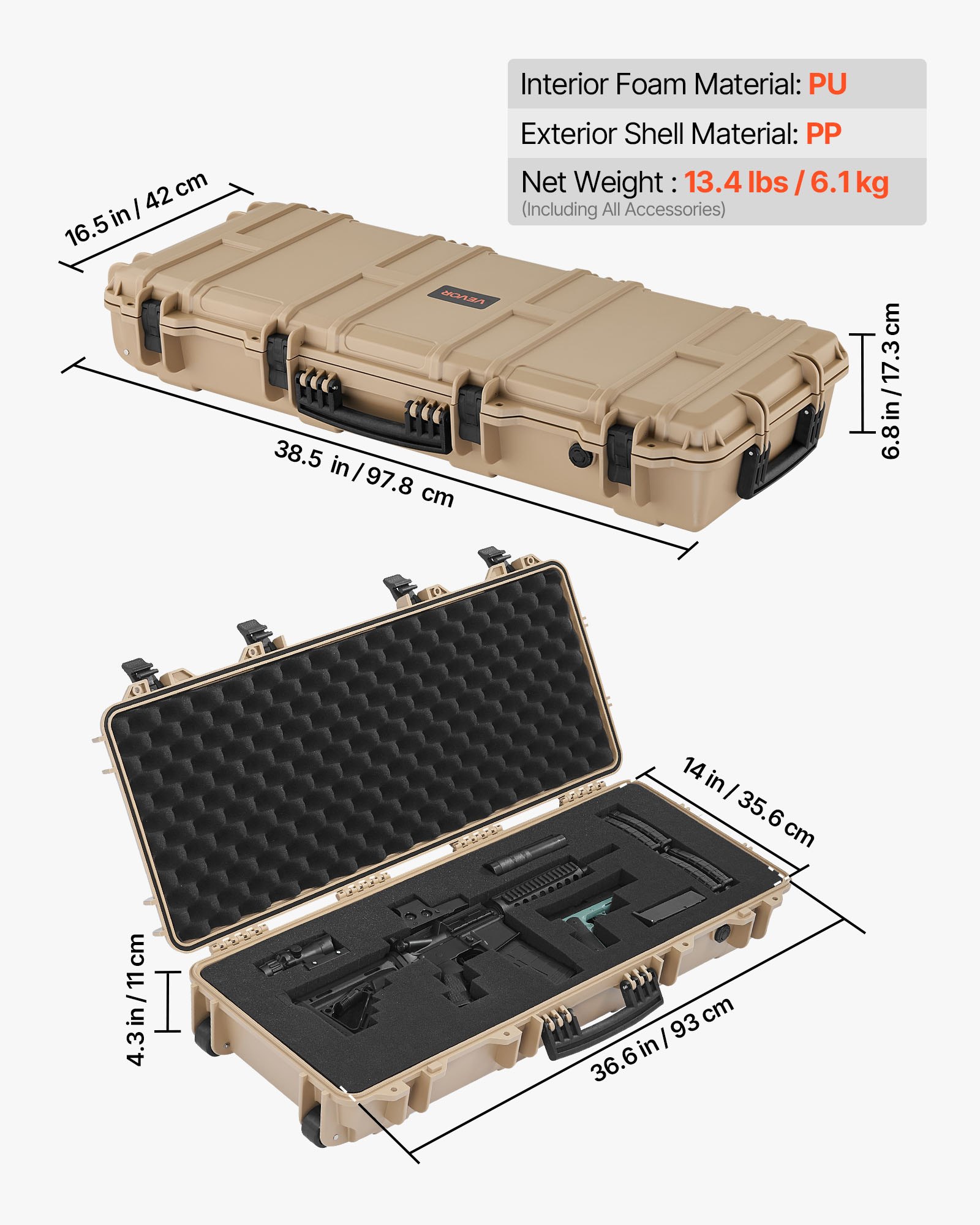 VEVOR Estuche Rígido para Armas Largas, PP, con Cerradura y Espuma Precortada, Enrollable, Resistente al Agua IP67, 97,8 x 42 x 17,3 cm, Color Caqui, para Viajar en Medios de Transporte Público