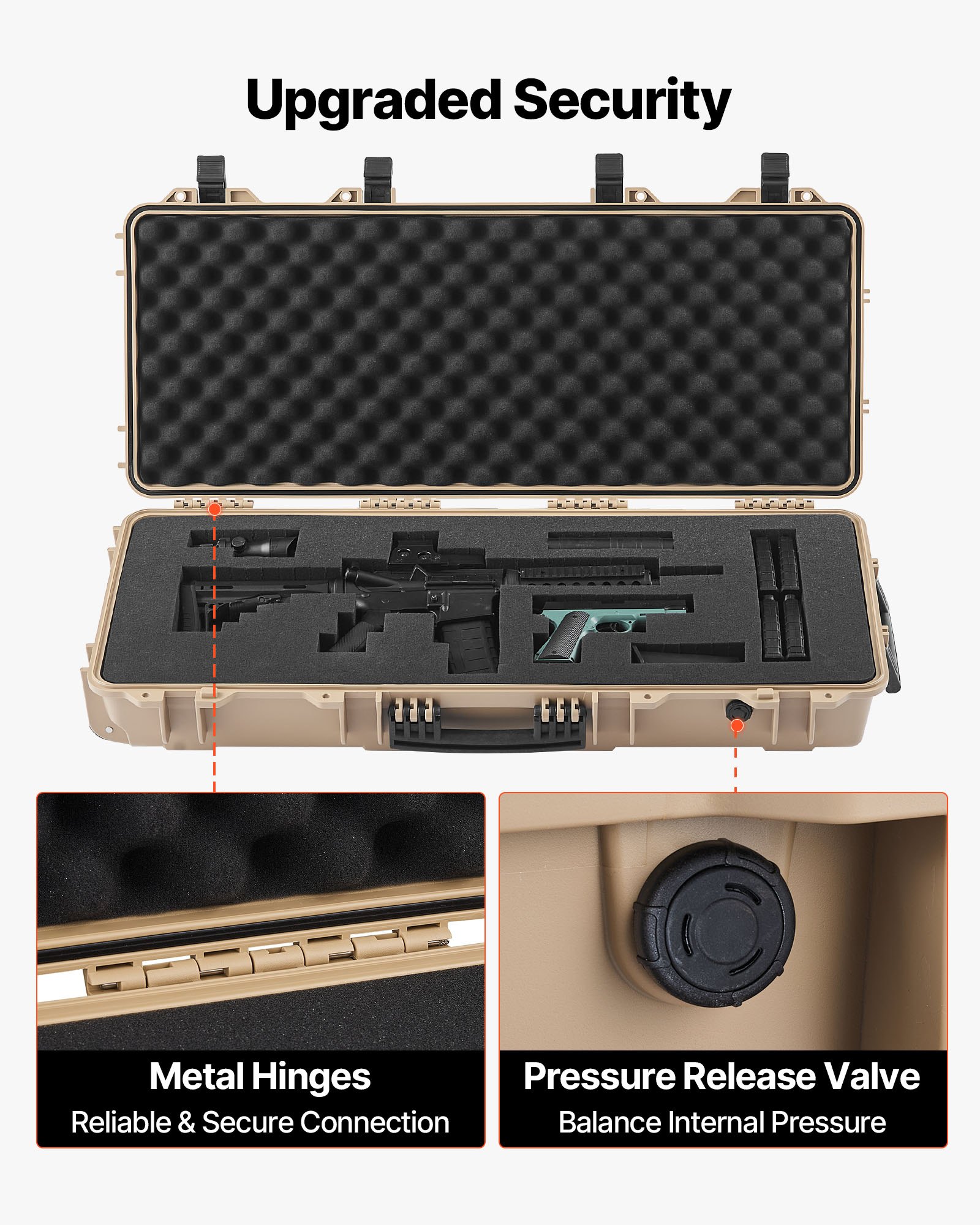 VEVOR Estuche Rígido para Armas Largas, PP, con Cerradura y Espuma Precortada, Enrollable, Resistente al Agua IP67, 97,8 x 42 x 17,3 cm, Color Caqui, para Viajar en Medios de Transporte Público