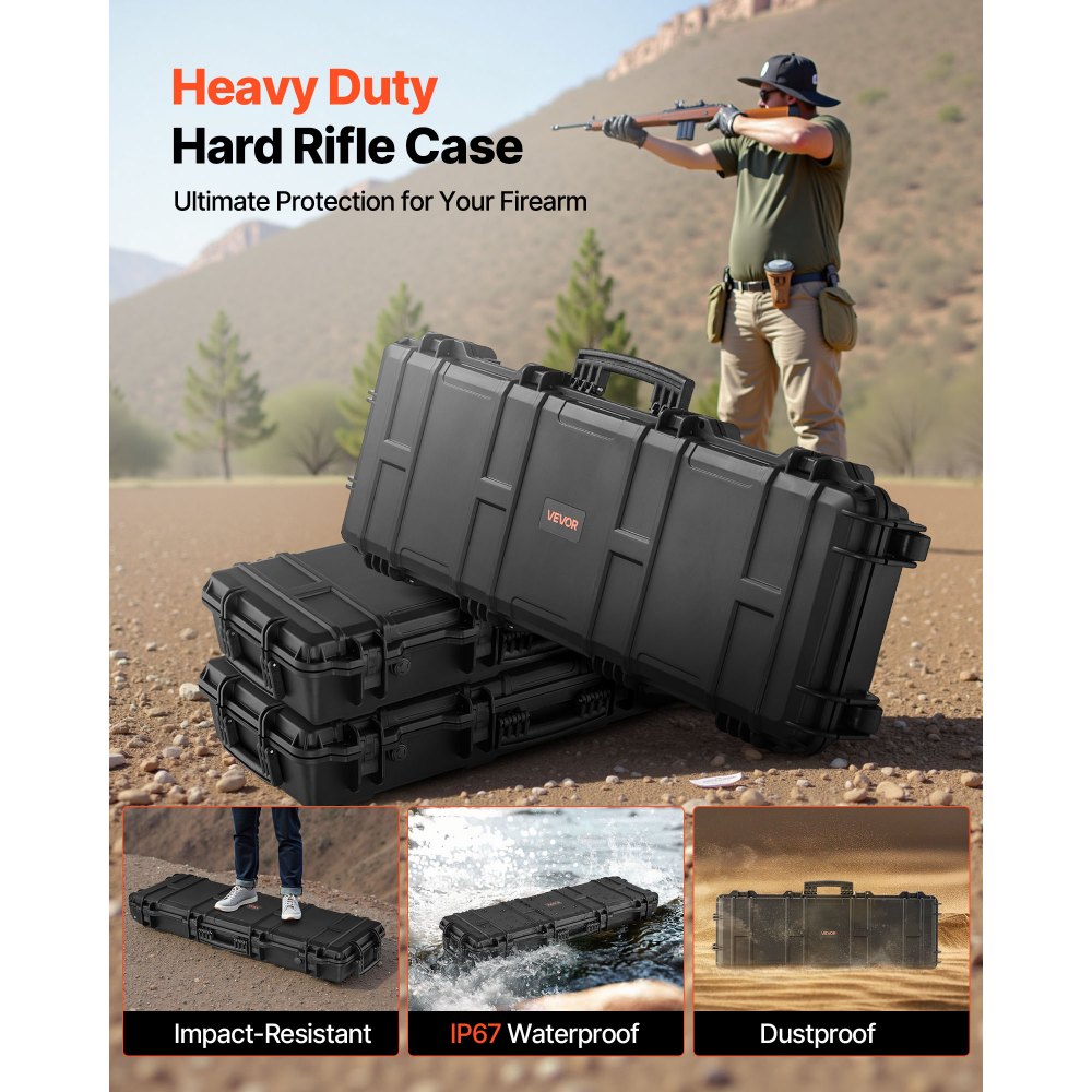 VEVOR Estuche Rígido para Armas Largas, con Cerradura y Espuma Precortada, Enrollable, Resistente al Agua IP67, 108,9 x 39,2 x 15,5 cm, Color Negro, para Viajeros, Aficionados al Tiro, y Cazadores