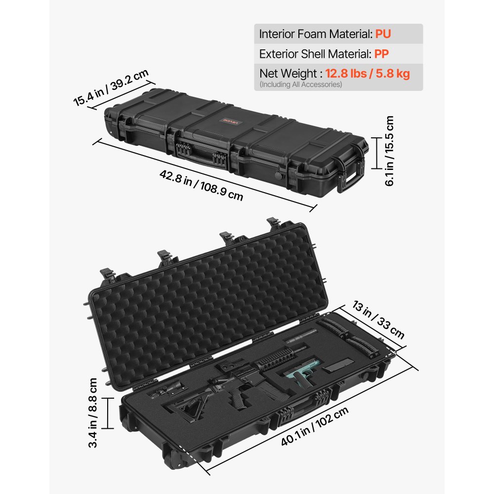 VEVOR Estuche Rígido para Armas Largas, con Cerradura y Espuma Precortada, Enrollable, Resistente al Agua IP67, 108,9 x 39,2 x 15,5 cm, Color Negro, para Viajeros, Aficionados al Tiro, y Cazadores