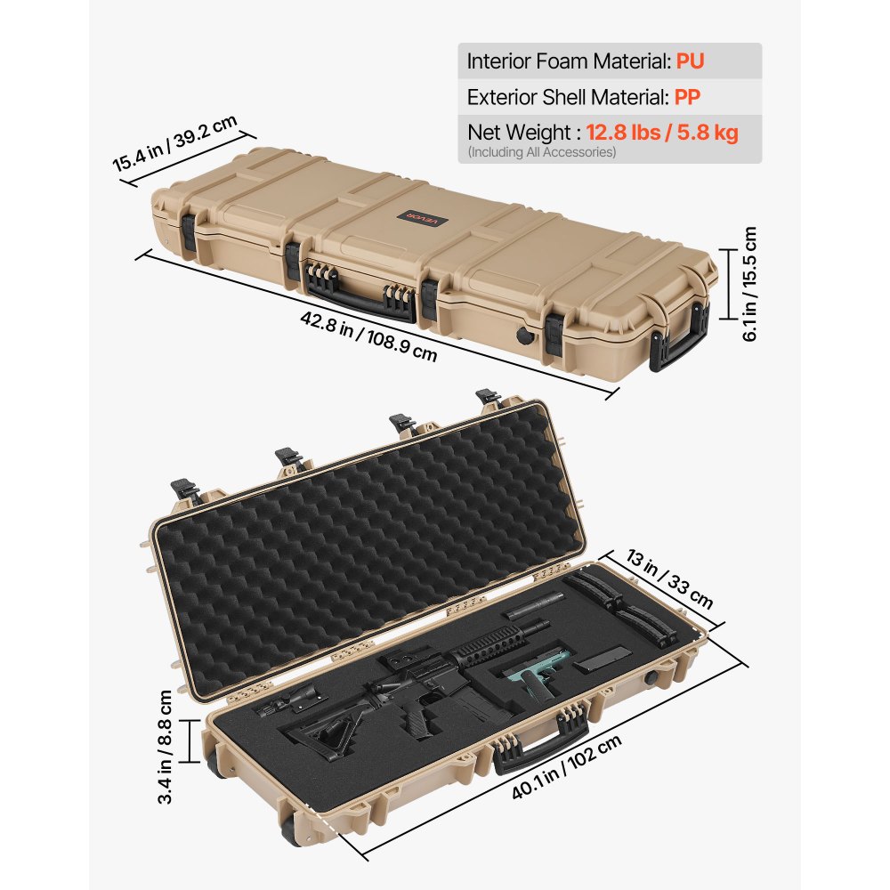 VEVOR Estuche Rígido para Armas Largas, PP, con Cerradura y Espuma Precortada, Enrollable, Resistente al Agua IP67, 1089 x 392 x 155 mm, Color Caqui, para Viajar en Medios de Transporte Público