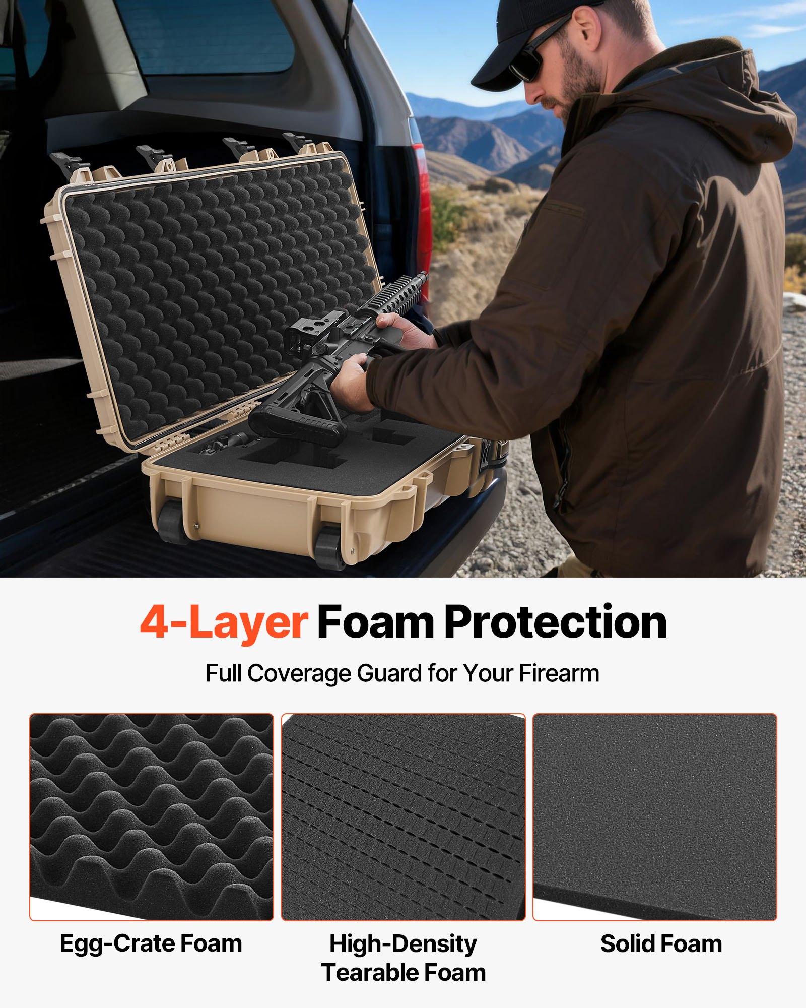 VEVOR Estuche Rígido para Armas Largas, PP, con Cerradura y Espuma Precortada, Enrollable, Resistente al Agua IP67, 1089 x 392 x 155 mm, Color Caqui, para Viajar en Medios de Transporte Público