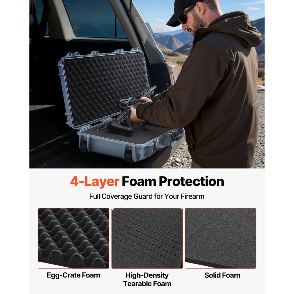 VEVOR Estuche Rígido para Armas Largas, con Cerradura y Espuma Precortada de 4 Capas, Enrollable, Resistente al Agua IP67 y Polvo, 1090 x 410 x 155 mm, Color Gris, para Viajes en Avión y Tren