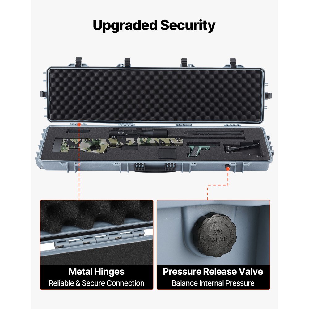 VEVOR Estuche Rígido para Armas Largas, con Cerradura y Espuma Precortada de 4 Capas, Enrollable, Resistente al Agua IP67 y Polvo, 1380 x 385 x 165 mm, Color Gris, para Viajes en Avión y Tren