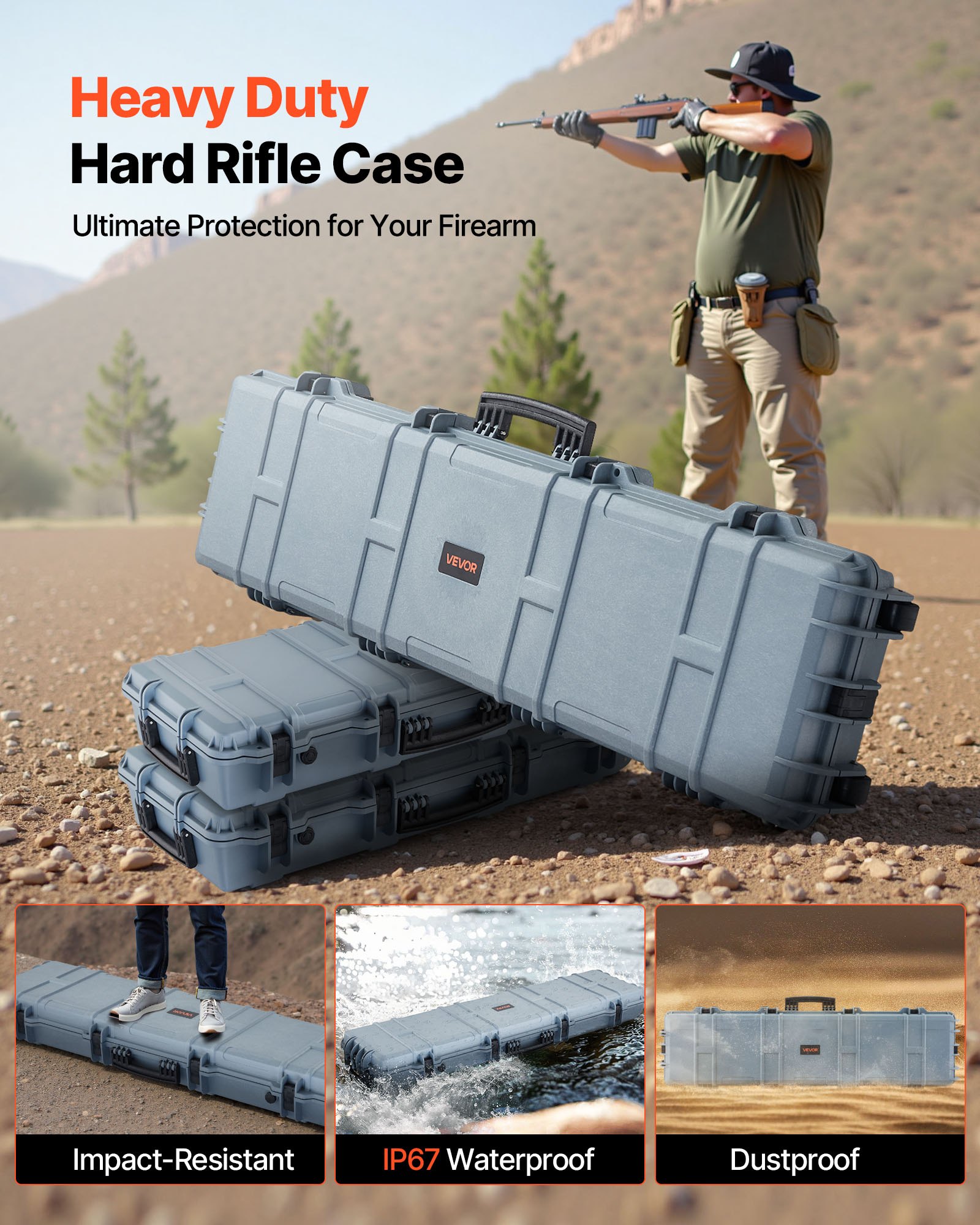 VEVOR Estuche Rígido para Armas Largas, con Cerradura y Espuma Precortada de 4 Capas, Enrollable, Resistente al Agua IP67 y Polvo, 138 x 38,5 x 16,5 cm, Color Gris, para Viajes en Avión y Tren