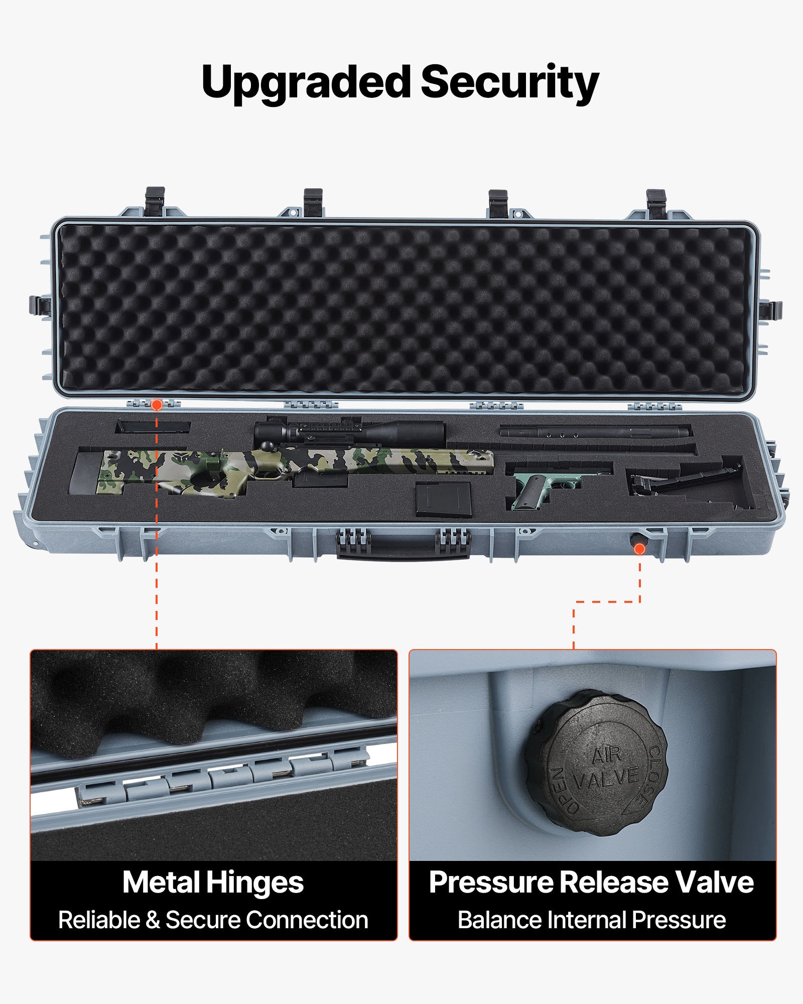 VEVOR Estuche Rígido para Armas Largas, con Cerradura y Espuma Precortada de 4 Capas, Enrollable, Resistente al Agua IP67 y Polvo, 138 x 38,5 x 16,5 cm, Color Gris, para Viajes en Avión y Tren