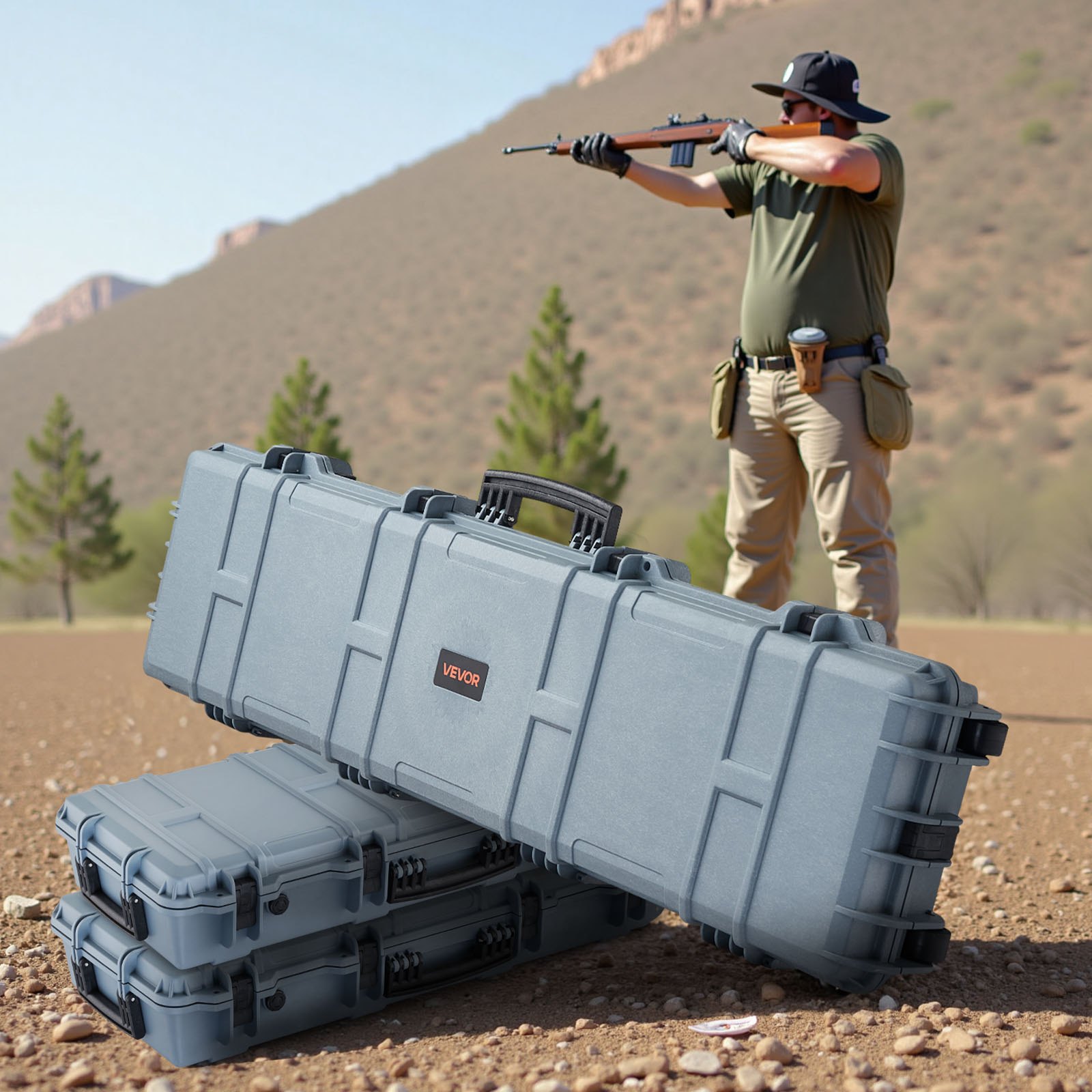VEVOR Estuche Rígido para Armas Largas, con Cerradura y Espuma Precortada de 4 Capas, Enrollable, Resistente al Agua IP67 y Polvo, 138 x 38,5 x 16,5 cm, Color Gris, para Viajes en Avión y Tren