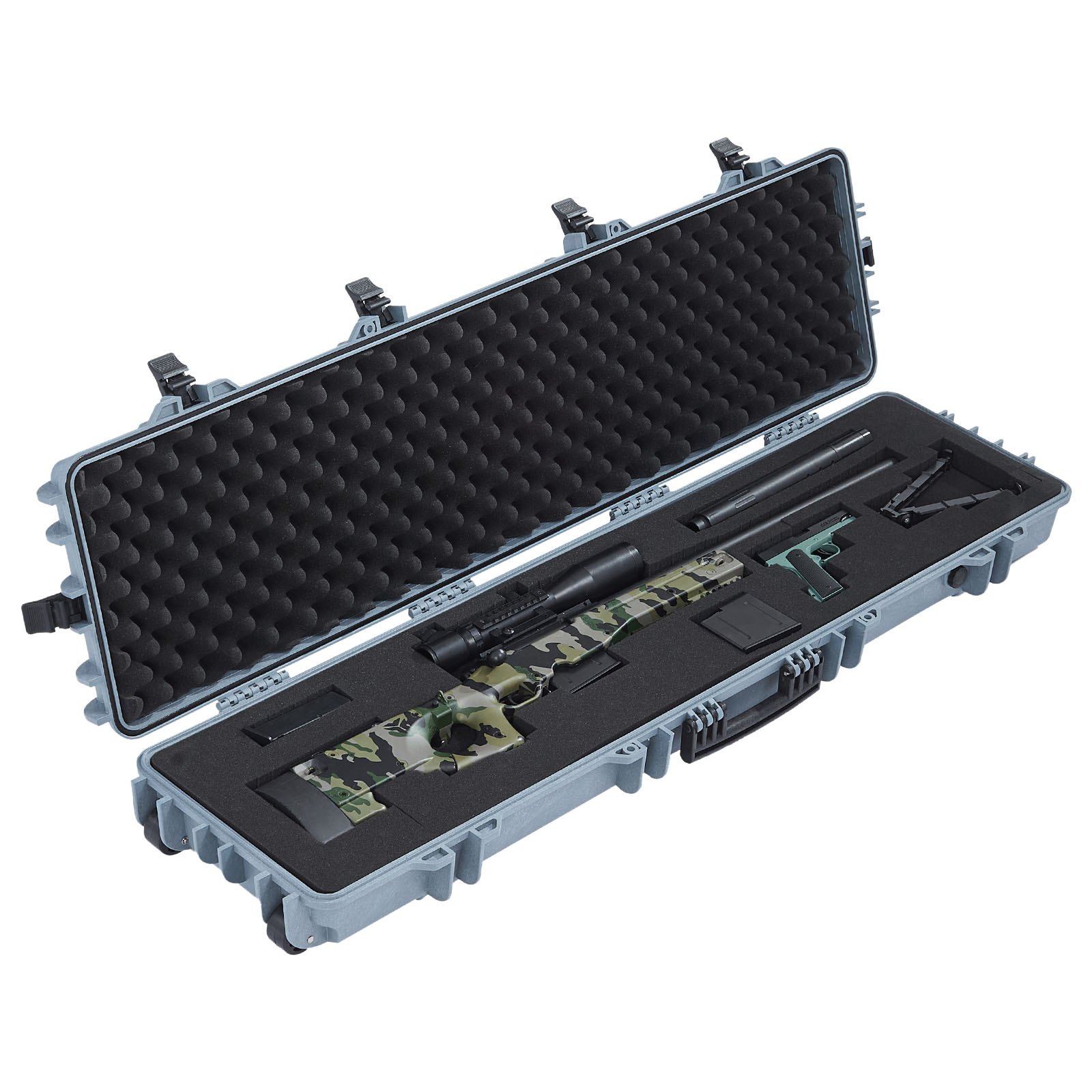 VEVOR Estuche Rígido para Armas Largas, con Cerradura y Espuma Precortada de 4 Capas, Enrollable, Resistente al Agua IP67 y Polvo, 138 x 38,5 x 16,5 cm, Color Gris, para Viajes en Avión y Tren