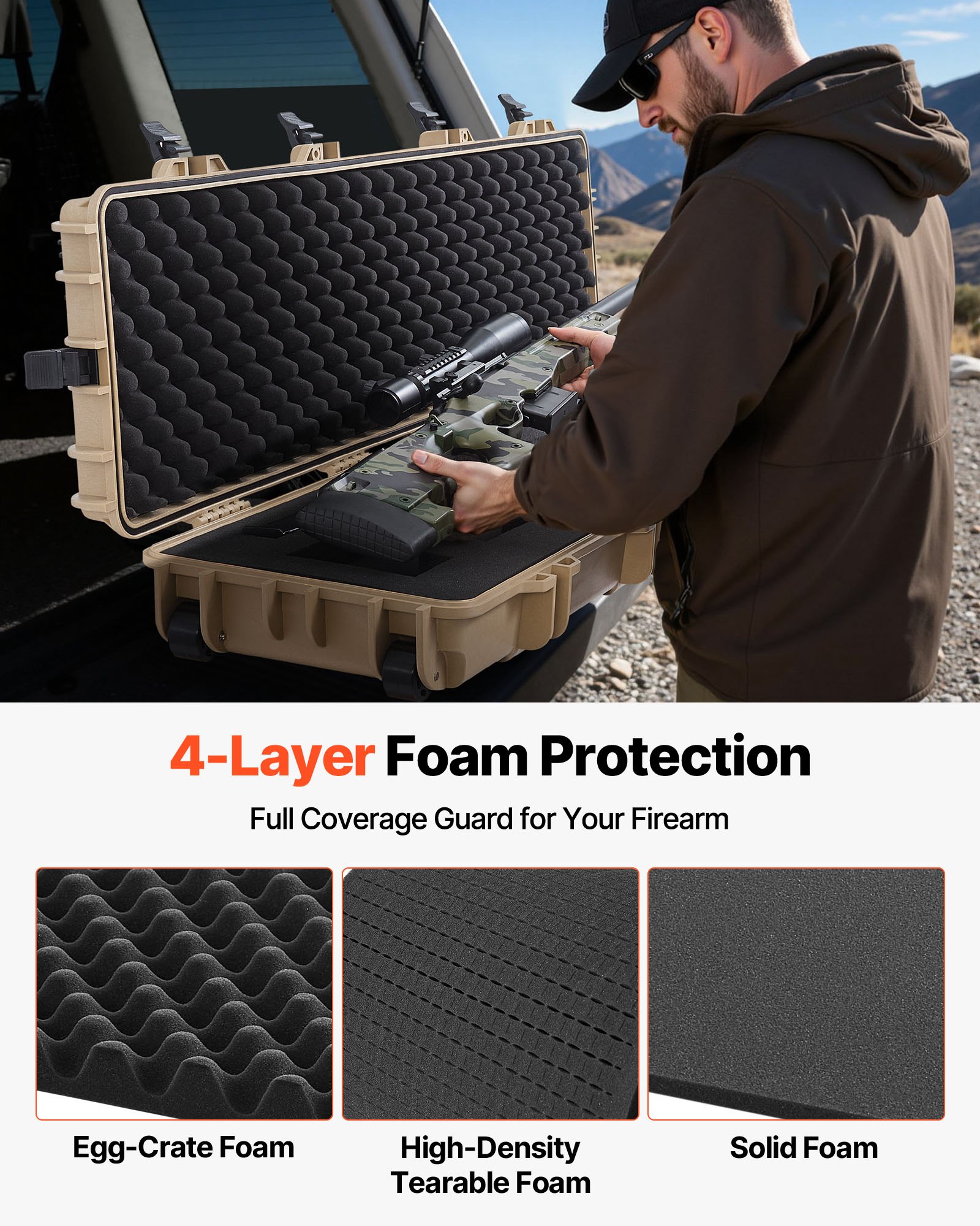 VEVOR Estuche Rígido para Armas Largas, PP, con Cerradura y Espuma Precortada, Enrollable, Resistente al Agua IP67, 138 x 38,5 x 16,5 cm, Color Caqui, para Viajar en Medios de Transporte Público