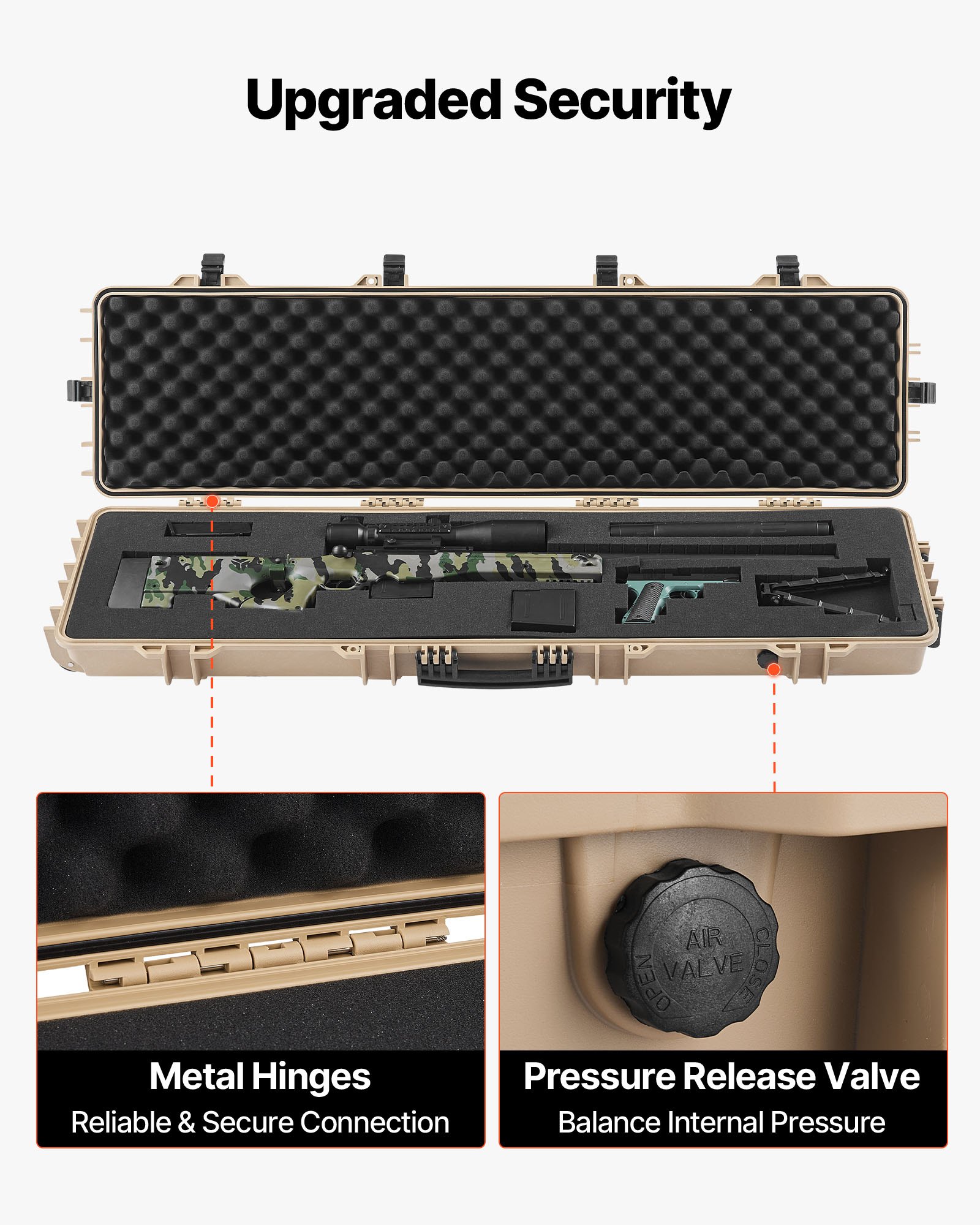 VEVOR Estuche Rígido para Armas Largas, PP, con Cerradura y Espuma Precortada, Enrollable, Resistente al Agua IP67, 138 x 38,5 x 16,5 cm, Color Caqui, para Viajar en Medios de Transporte Público