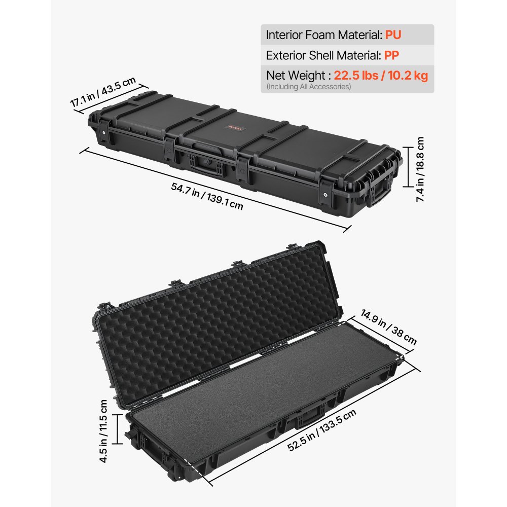 VEVOR Estuche Rígido para Armas Largas, con Cerradura y Espuma Precortada, Enrollable, Resistente al Agua IP67, 139,1 x 43,5 x 18,8 cm, Color Negro, para Viajeros, Aficionados al Tiro, y Cazadores