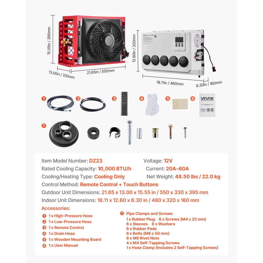 VEVOR Aire Acondicionado para Camiones 12 V 10.000 BTU, Aire Acondicionado Split para Vehículos Recreativos, Flujo de Aire de 400 m³/h, para Semirremolques, Autocaravanas, Tractores, Excavadoras