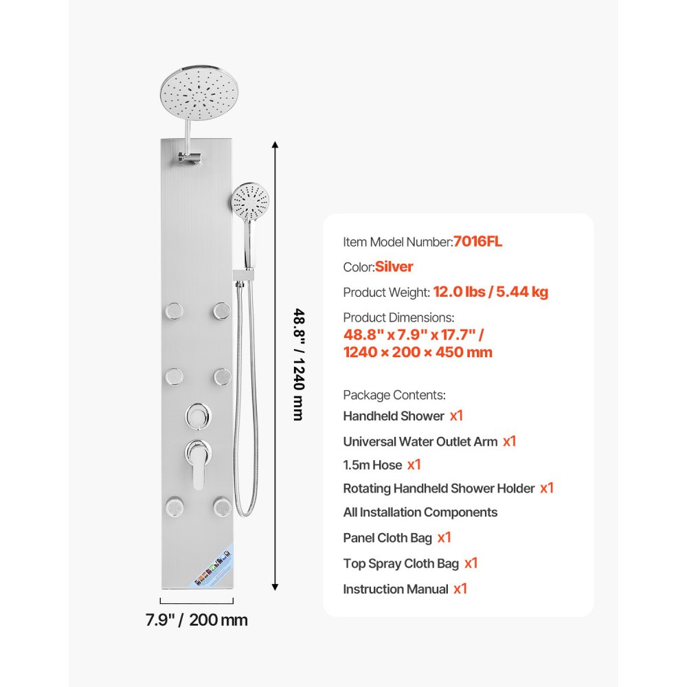 VEVOR Sistema de Torre de Panel de Ducha con Cabezal Tipo Lluvia, Acero Inoxidable, Grifo 3 Funciones, para Montaje en Pared con 6 Chorros Corporales y Ducha de Mano, 1240 x 200 x 450 mm, Plata