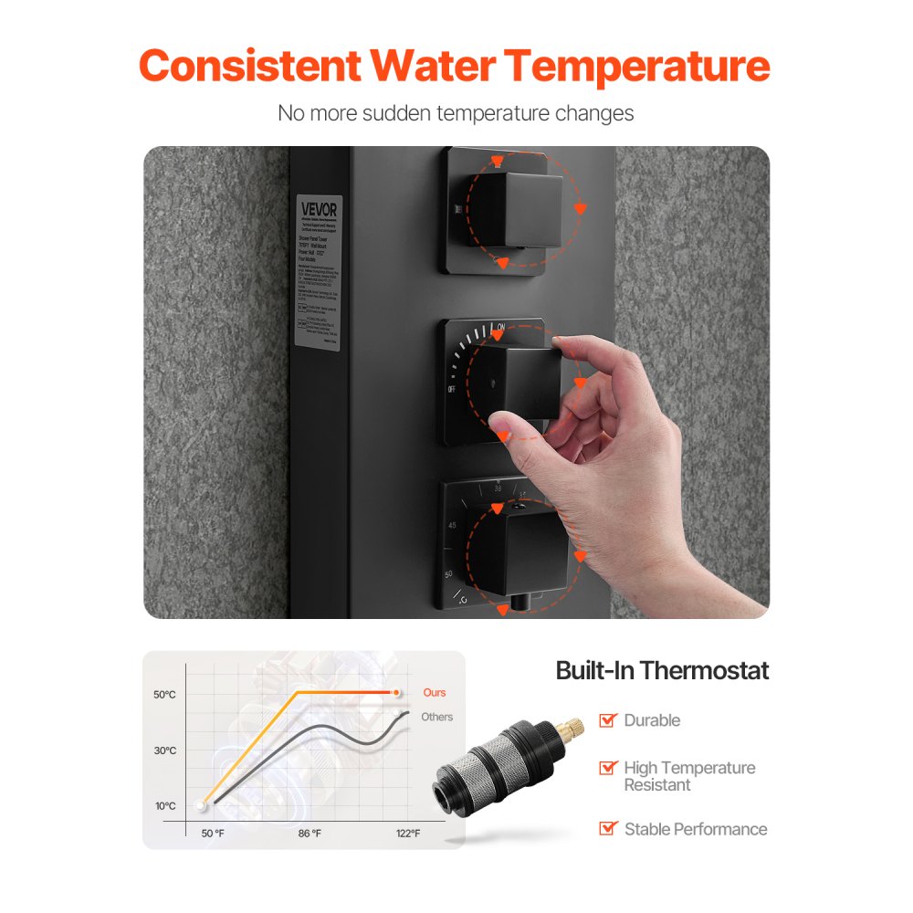 VEVOR Sistema de Ducha con Columna Tipo Torre con Efecto Lluvia, Acero Inoxidable, 4 Funciones, Sistema de Masaje de Lluvia de Pared, 4 Chorros Corporales, Ducha de Mano y Caño de Bañera, Negro