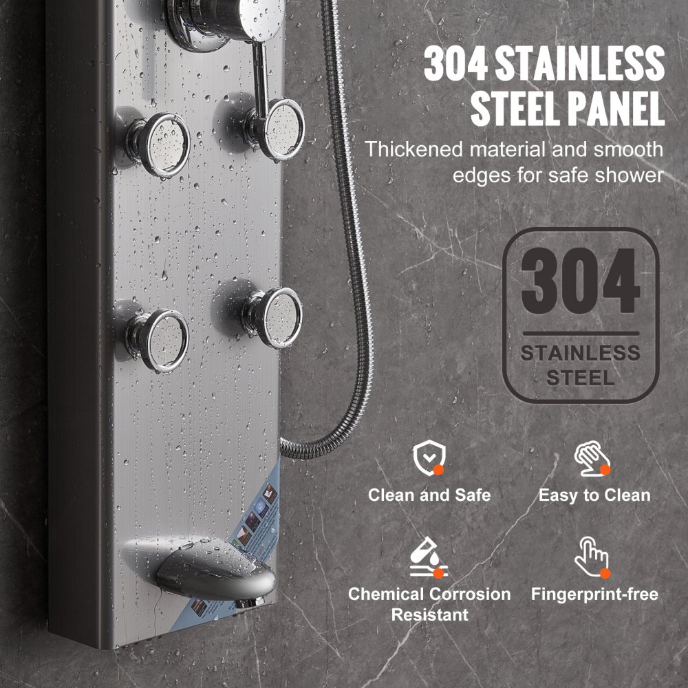 VEVOR shower panel system, 5 shower modes, shower panel tower with digital display, rainfall effect, 8 massage jets, bathtub spout, hand shower with 3 settings, 59-inch hose, stainless steel wall-mounted shower set