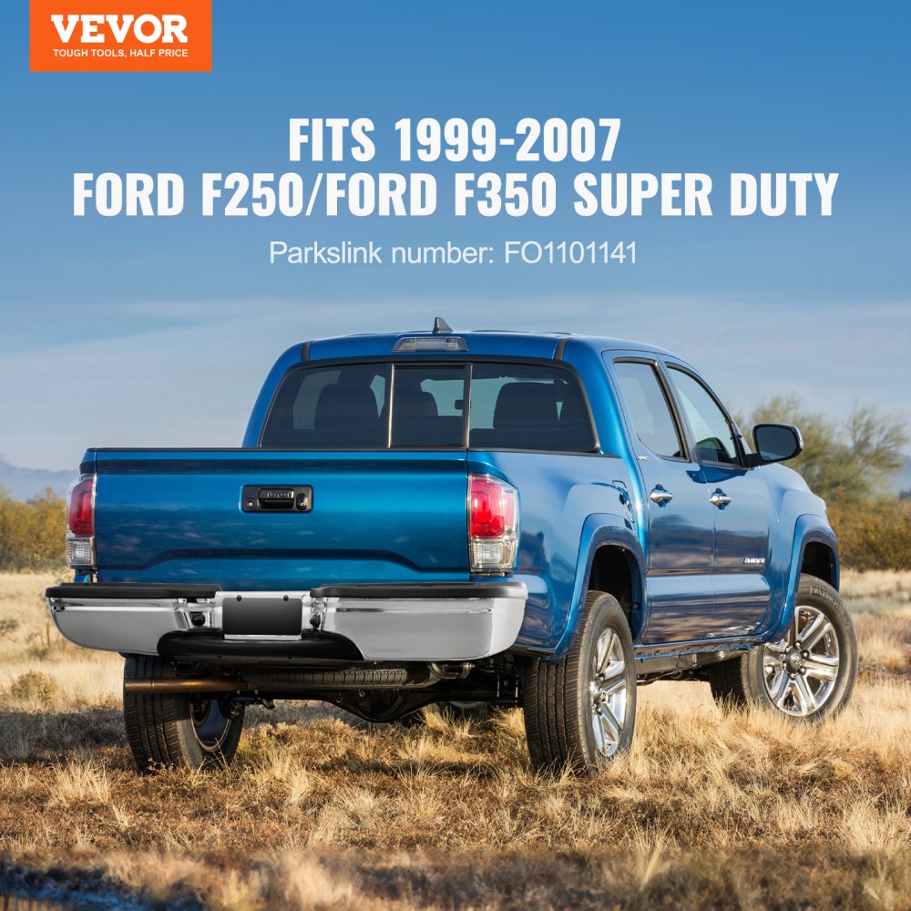 VEVOR Parachoques trasero compatible con Ford F250/Ford F350 Super Duty 1999-2007, conjunto de parachoques trasero de acero cromado, parachoques trasero de repuesto con luz de matrícula y estribo para FO1101141