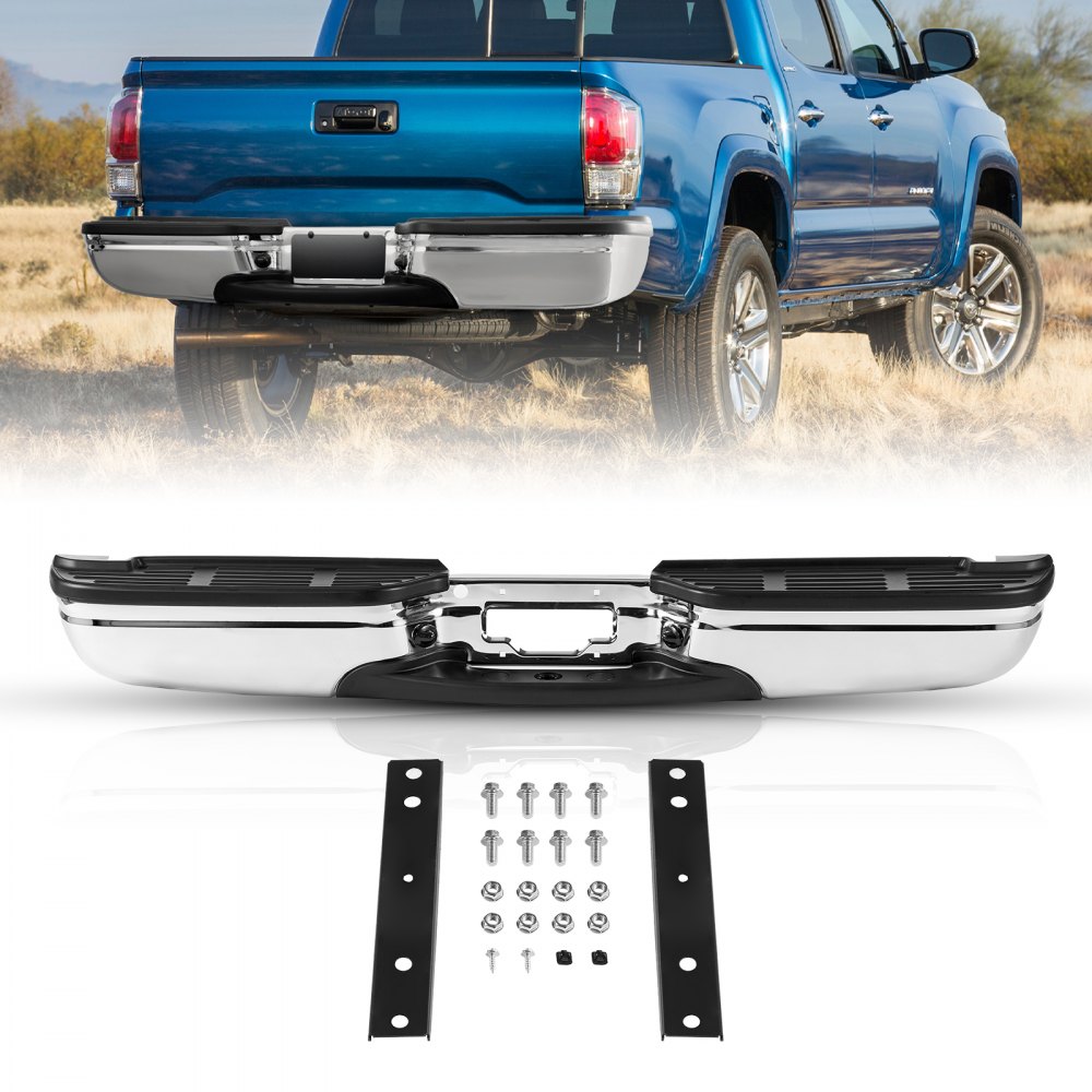 Parachoques trasero VEVOR para Ford F250 mostrado con piezas compatibles y un camión azul en el fondo.