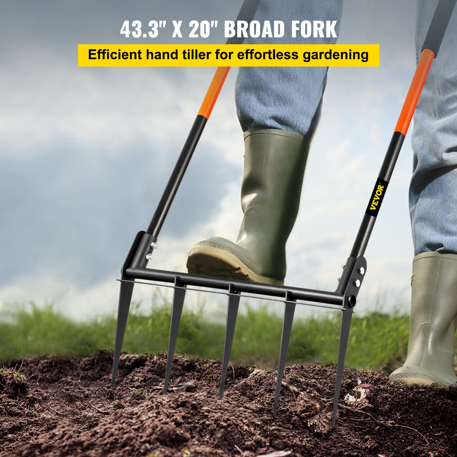 VEVOR Horca de Jardinería con 5 Dientes de Acero 25 cm Horca Aireadora de Doble Mango Fibra de Vidrio 110 x 50 cm Horquilla Timón Manual Aireador Cesped para Desyerbar Cosechar Zanahorias Tubérculos