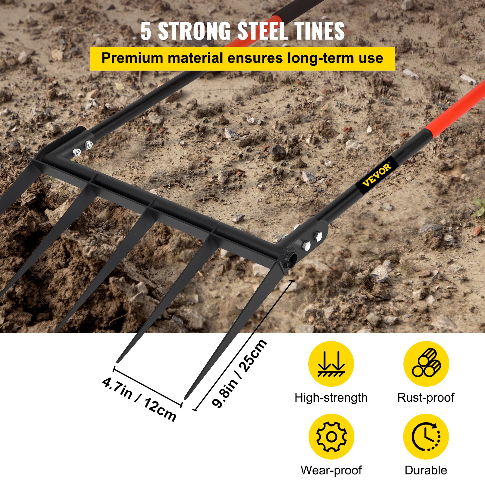 VEVOR Horca de Jardinería con 5 Dientes de Acero 25 cm Horca Aireadora de Doble Mango Fibra de Vidrio 110 x 50 cm Horquilla Timón Manual Aireador Cesped para Desyerbar Cosechar Zanahorias Tubérculos