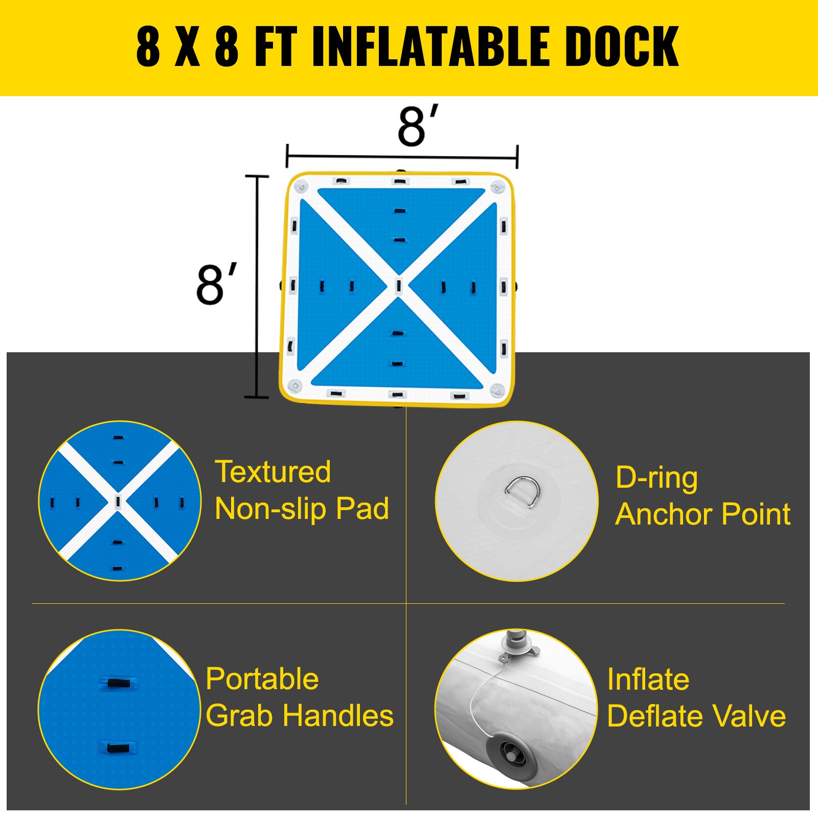 Vevor Plataforma De Muelle Inflable Pvc 8 X 8 Pies Con Bomba De Aire Eléctrica