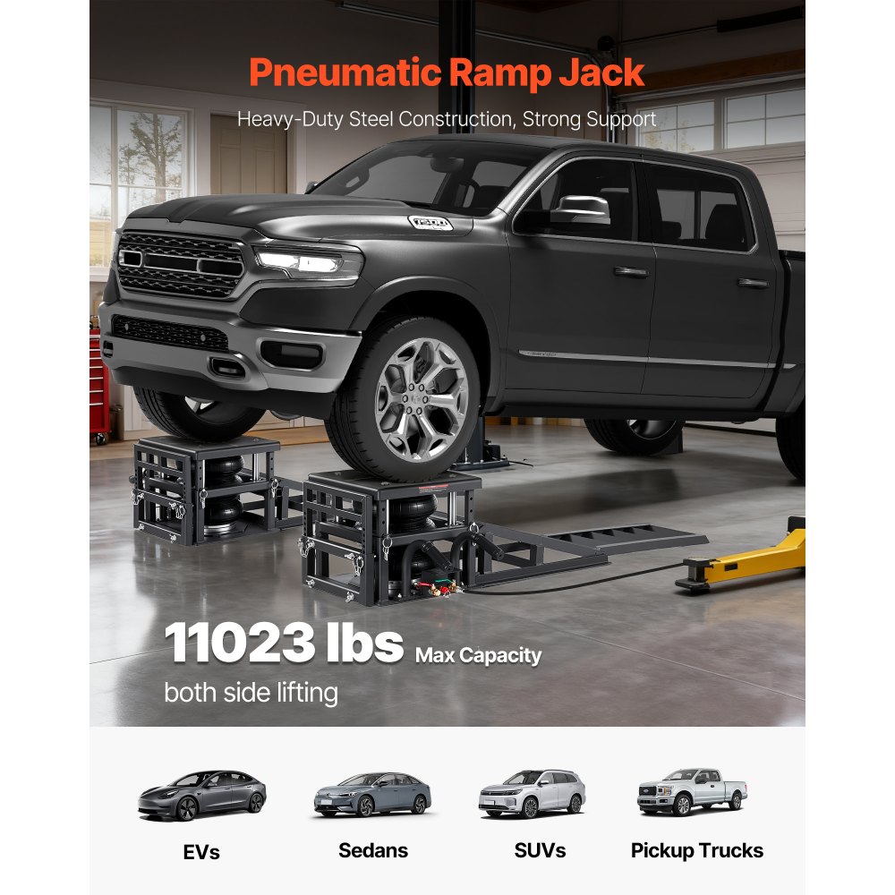 VEVOR Elevadores Portátiles para Coches, 2 Unidades, Capacidad de 5 T, Altura Máxima de Elevación de 32 cm, con Suspensión Neumática, Calzos para Ruedas, Rampas Extensibles y Columnas Elevadas
