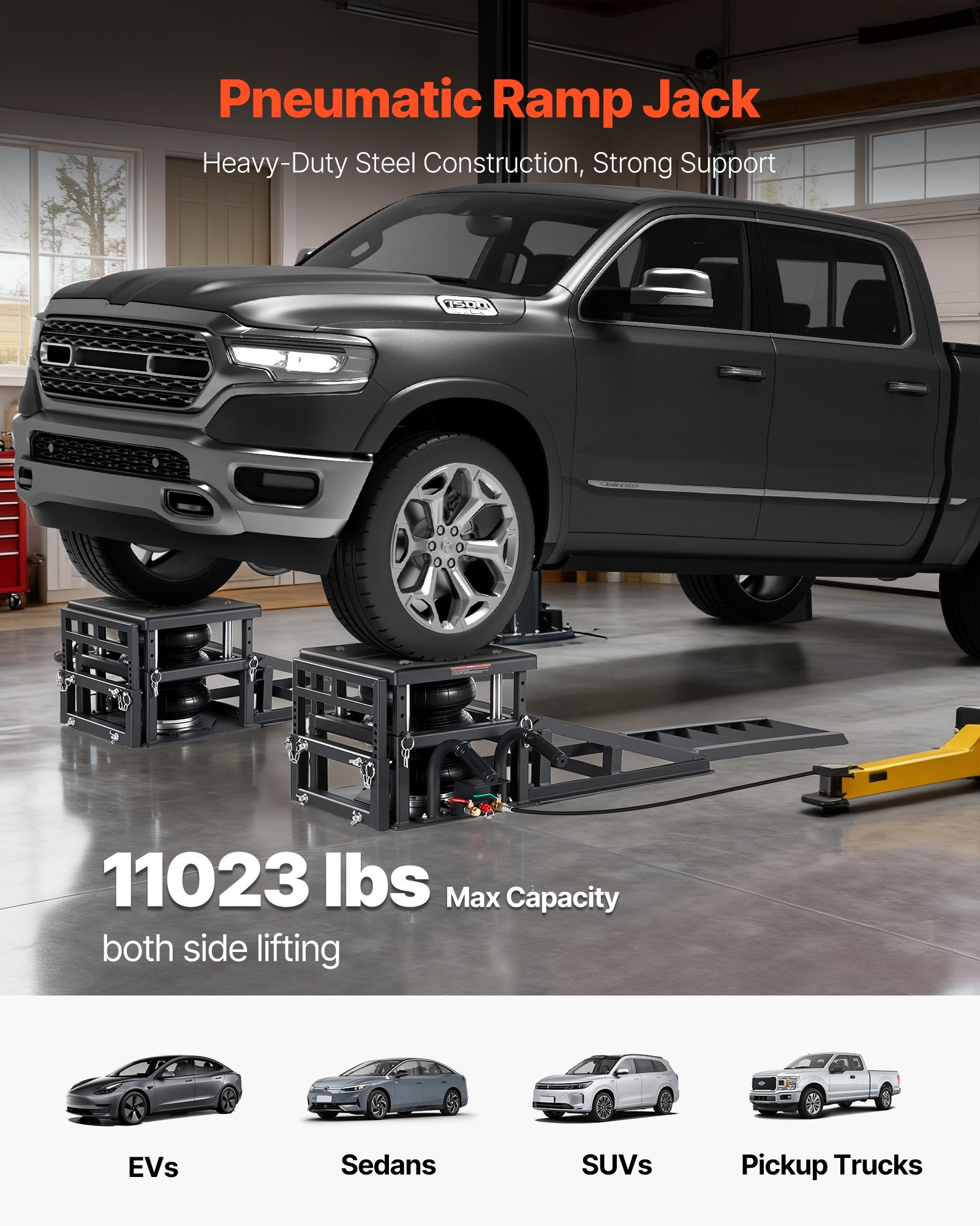 VEVOR Elevadores Portátiles para Coches, 2 Unidades, Capacidad de 5 T, Altura Máxima de Elevación de 32 cm, con Suspensión Neumática, Calzos para Ruedas, Rampas Extensibles y Columnas Elevadas