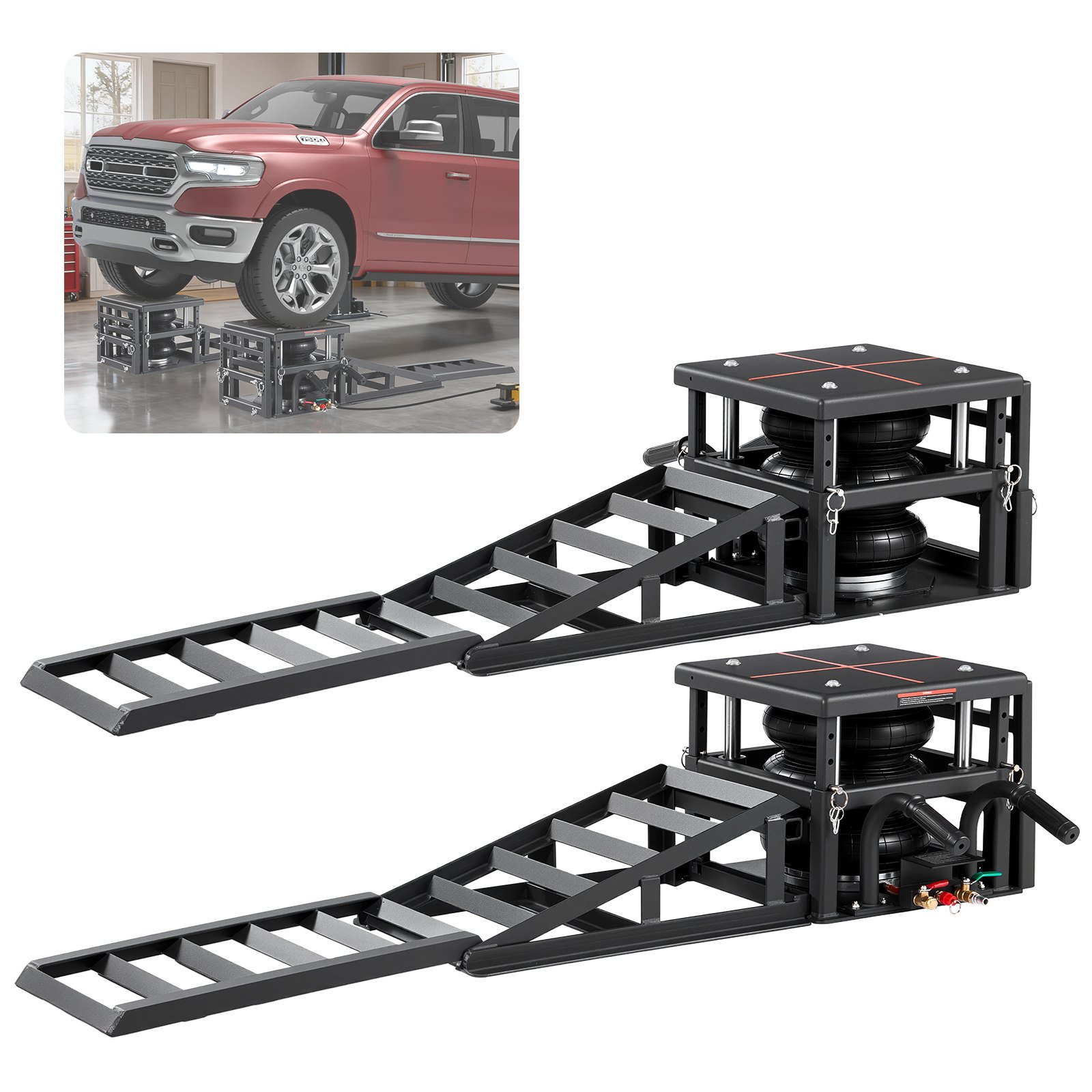 VEVOR Elevadores Portátiles para Coches, 2 Unidades, Capacidad de 5 T, Altura Máxima de Elevación de 32 cm, con Suspensión Neumática, Calzos para Ruedas, Rampas Extensibles y Columnas Elevadas