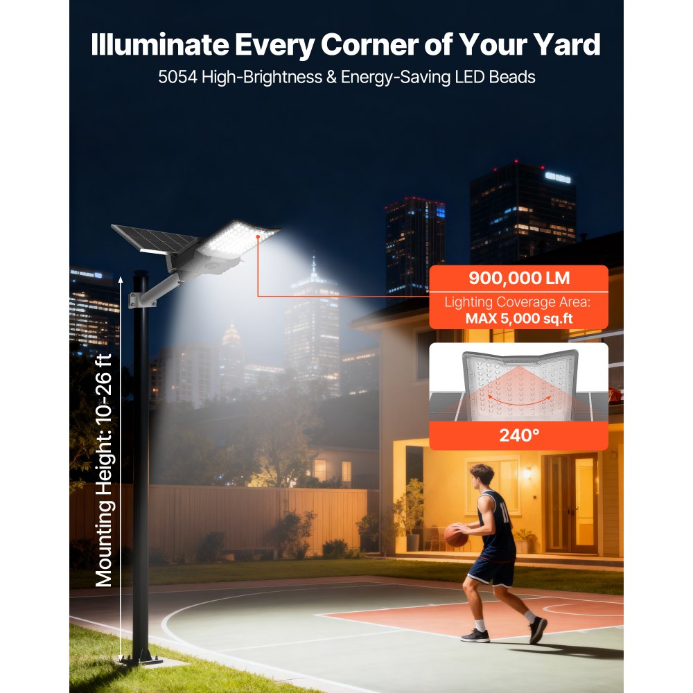 VEVOR Farola Solar para Exteriores 12000 W, 900 000 LM, de Anochecer a Amanecer, Lámpara de Seguridad LED de Tipo Dividido, Control Remoto RF, Resistente al Agua IP65, para Entrada de Vehículos