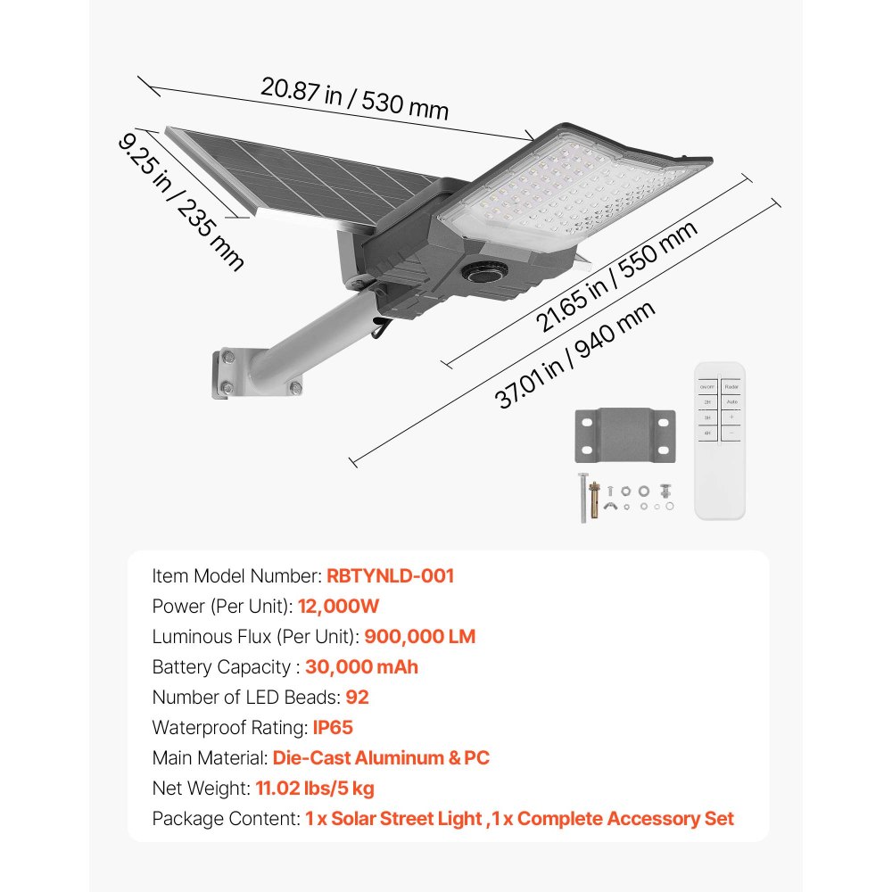 VEVOR Farola Solar para Exteriores 12000 W, 900 000 LM, de Anochecer a Amanecer, Lámpara de Seguridad LED de Tipo Dividido, Control Remoto RF, Resistente al Agua IP65, para Entrada de Vehículos
