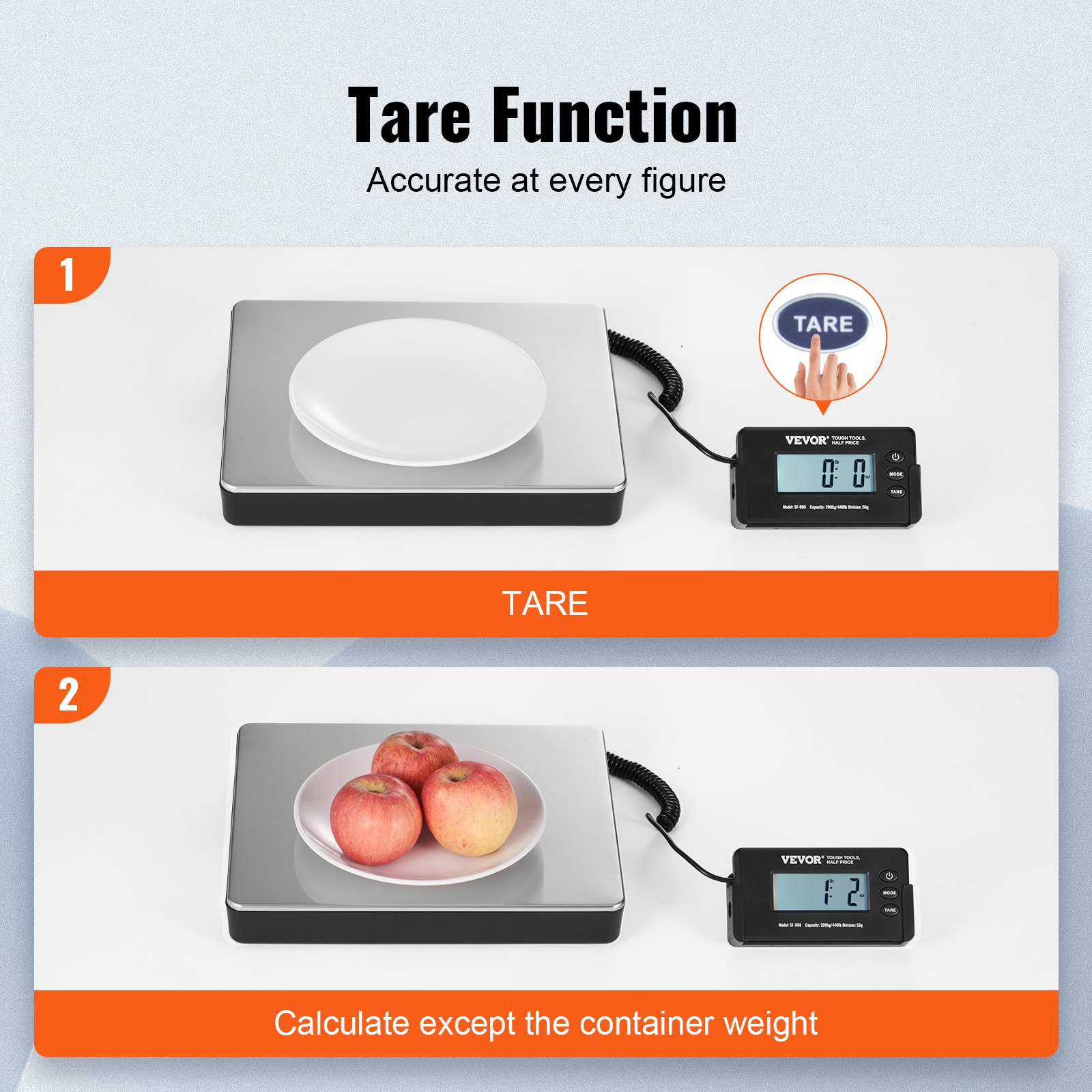 VEVOR Platform Scale 150g-200kg Parcel Scale 50g Accuracy Digital Scale kg/lbs/lbs:oz Counting Scale 309x262x45mm ABS Stainless Steel Tare Functions AC/DC Power Supply Industrial Scale Letter Scale