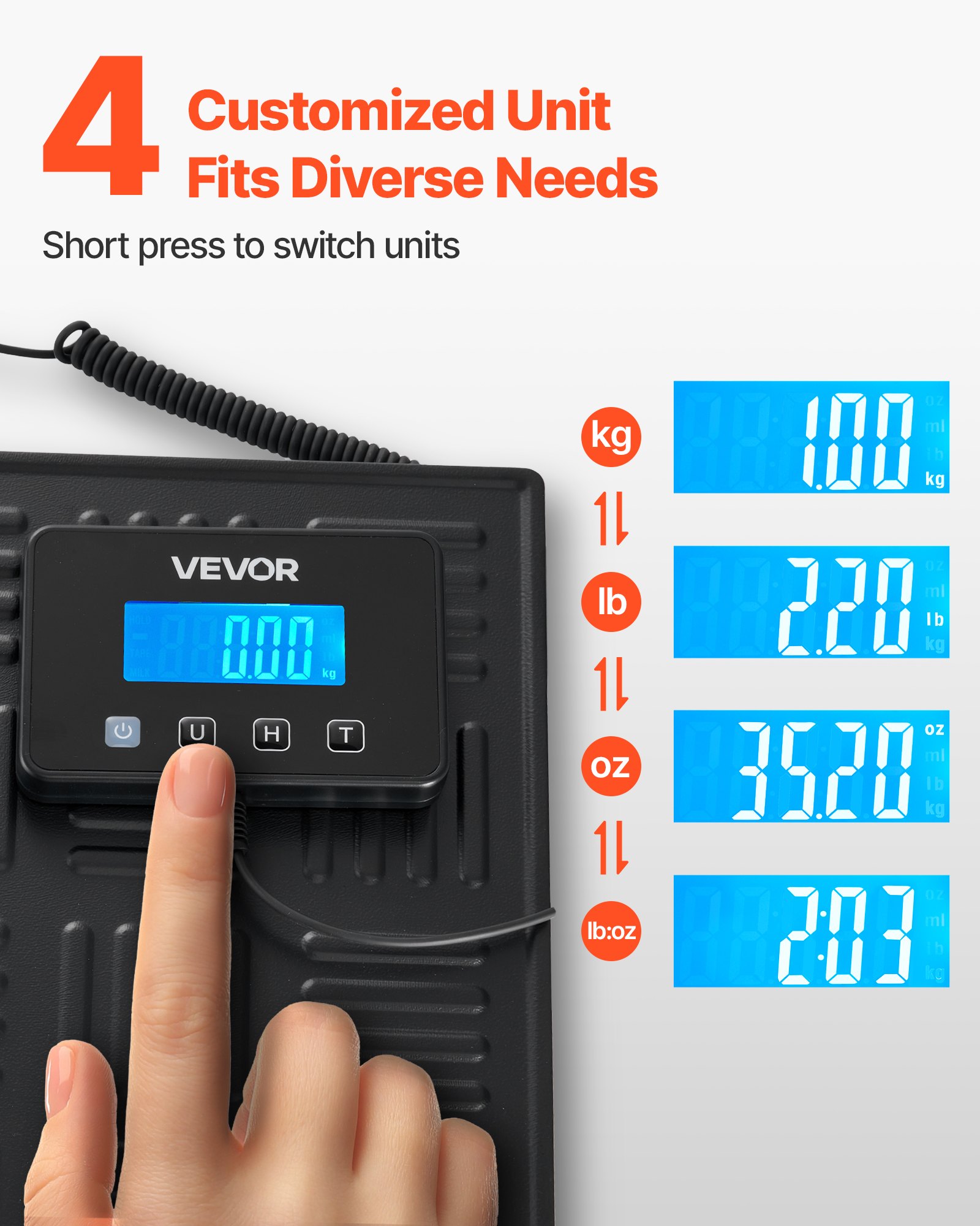 VEVOR Báscula Digital para Paquetes, 20/100 g, Doble Precisión, Plataforma de 300 kg con Función de Tara/Retención y Pantalla LCD, para Paquetes, Envíos y Equipaje, con Batería y Cable de Carga