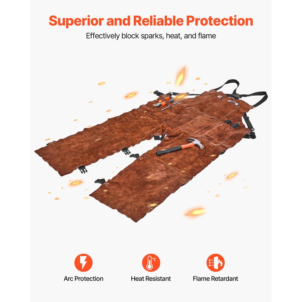 VEVOR Delantal de Soldador de Cuero con Pierna Dividida, Resistente e Ignífugo, de Piel de Vacuno, Unisex, con 3 Bolsillos, para Carpintería, Jardinería y Herrería, Talla XL, 610 x 1321 x 1 mm